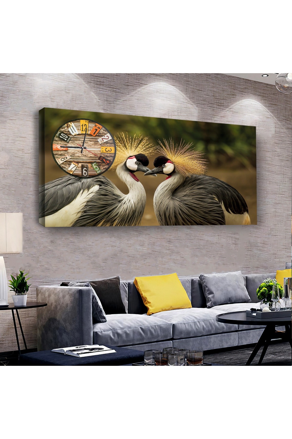 Huzur Aşk Kuşları saatliAhşap Şase Dijital Baskı Kanvas Tablo 100X50Cm