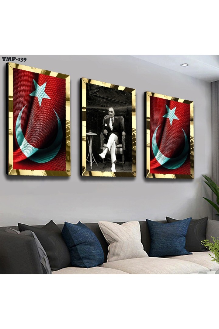 Türk Bayrağı Ve Atatürk Gold Pleksili Saat Ve Solmaz MDF Tablo
