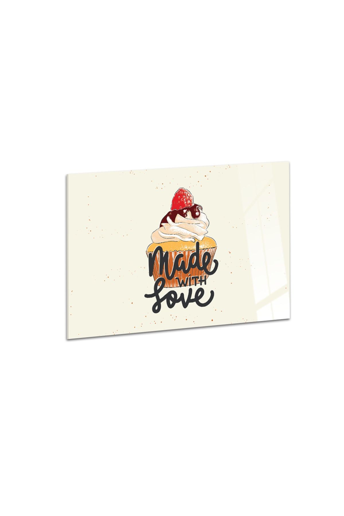Ocak Arkası Temperli Cam Cupcake Çizimli "Made With Love" Yazılı