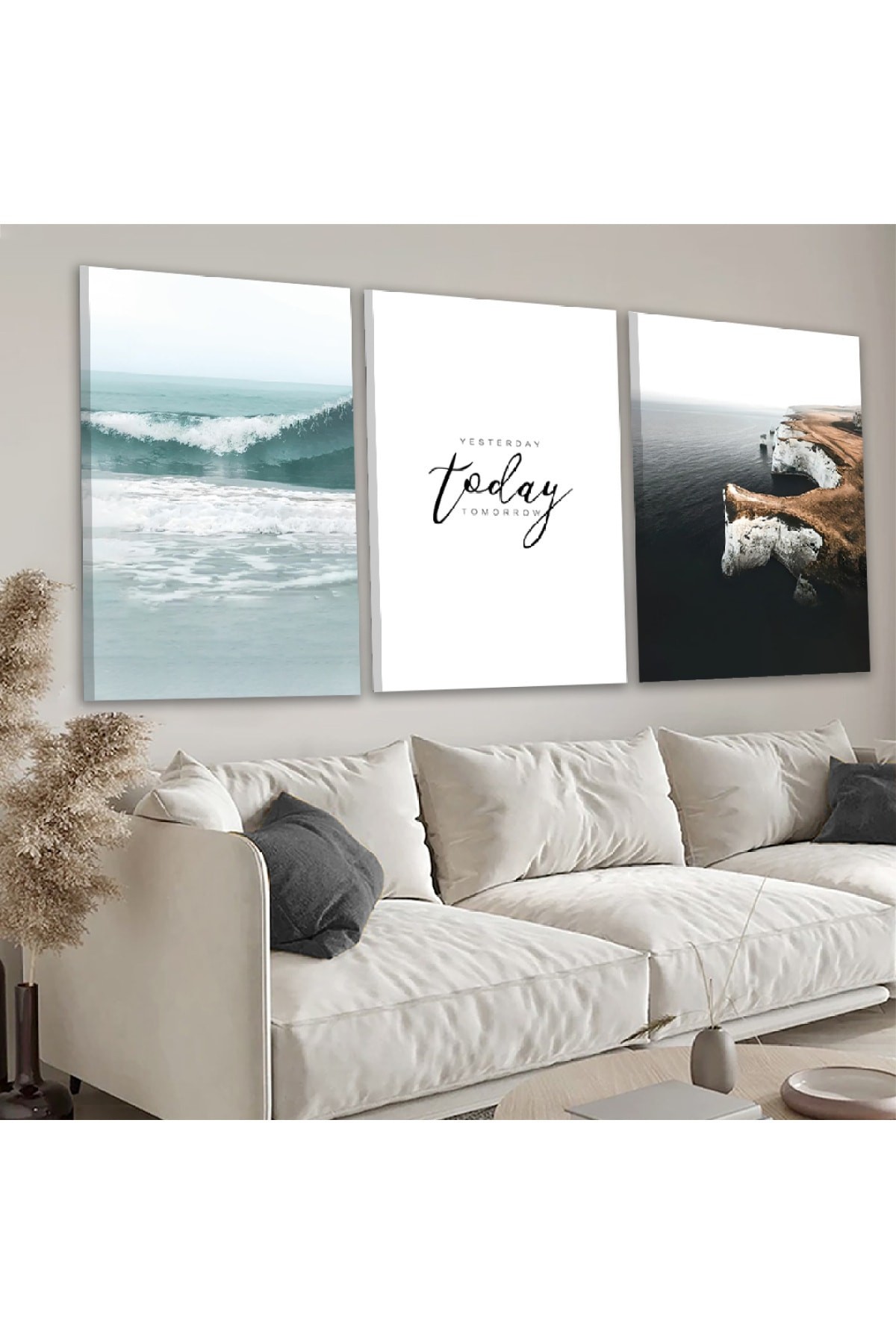 Oturma Odası Tablosu Minimalist Kolaj Çizim 3'Lü Dijital Baskı Kanvas Tablo