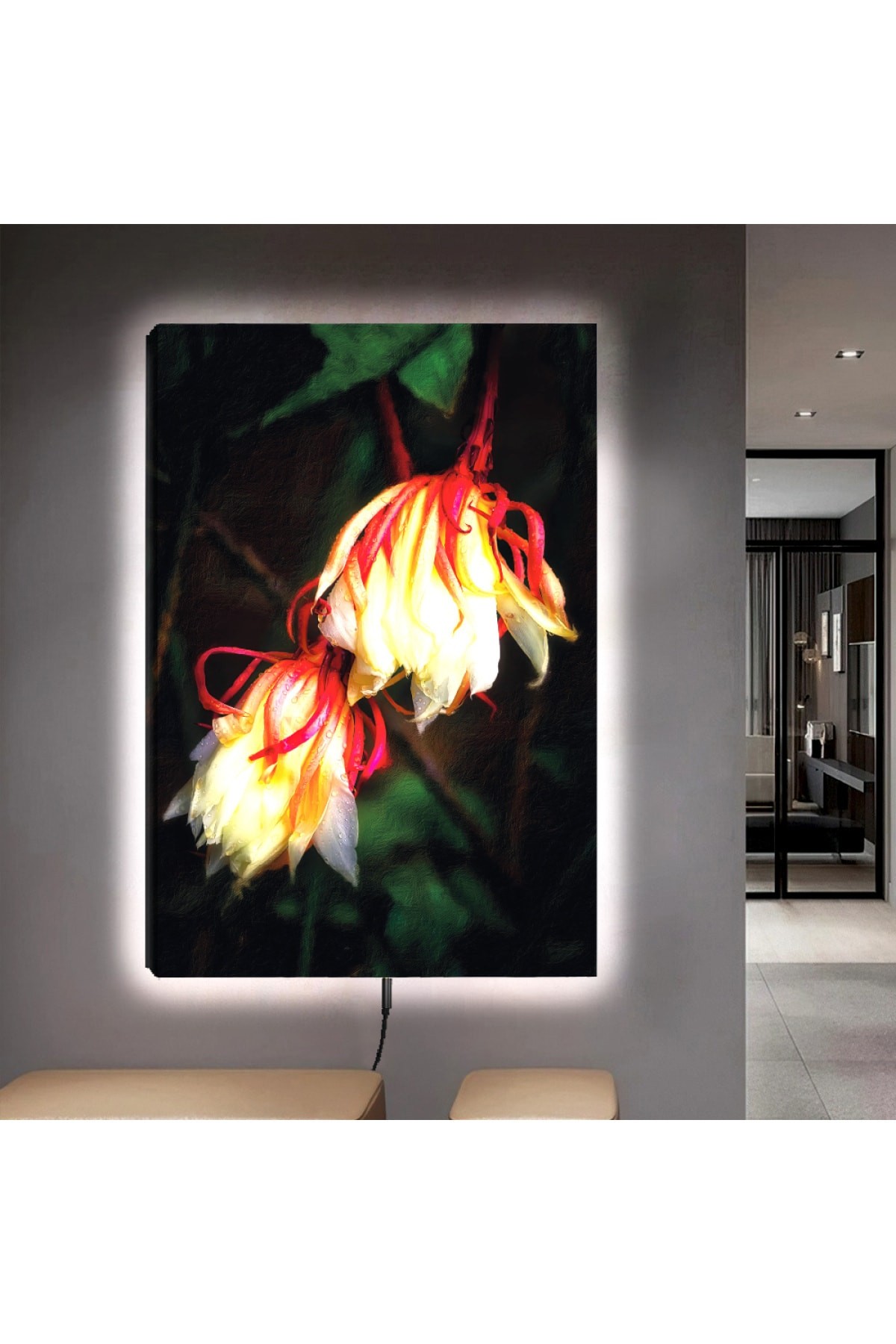 Renkli Ledli Çiçek Ahşap Şase Dijital Baskı Kanvas Tablo 90X60Cm