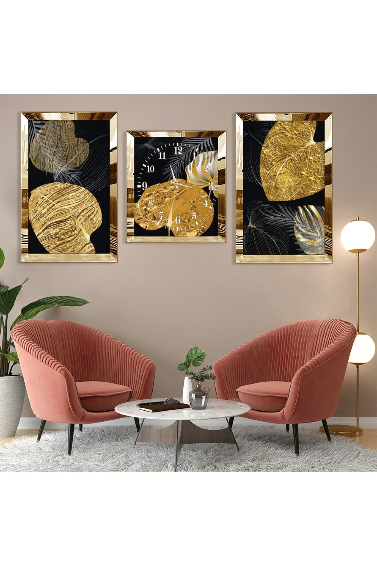 Altın Bitki Soyut Desen Gold Pleksi Kenar Üçlü Mdf Tablo Seti Ve Saat Seti