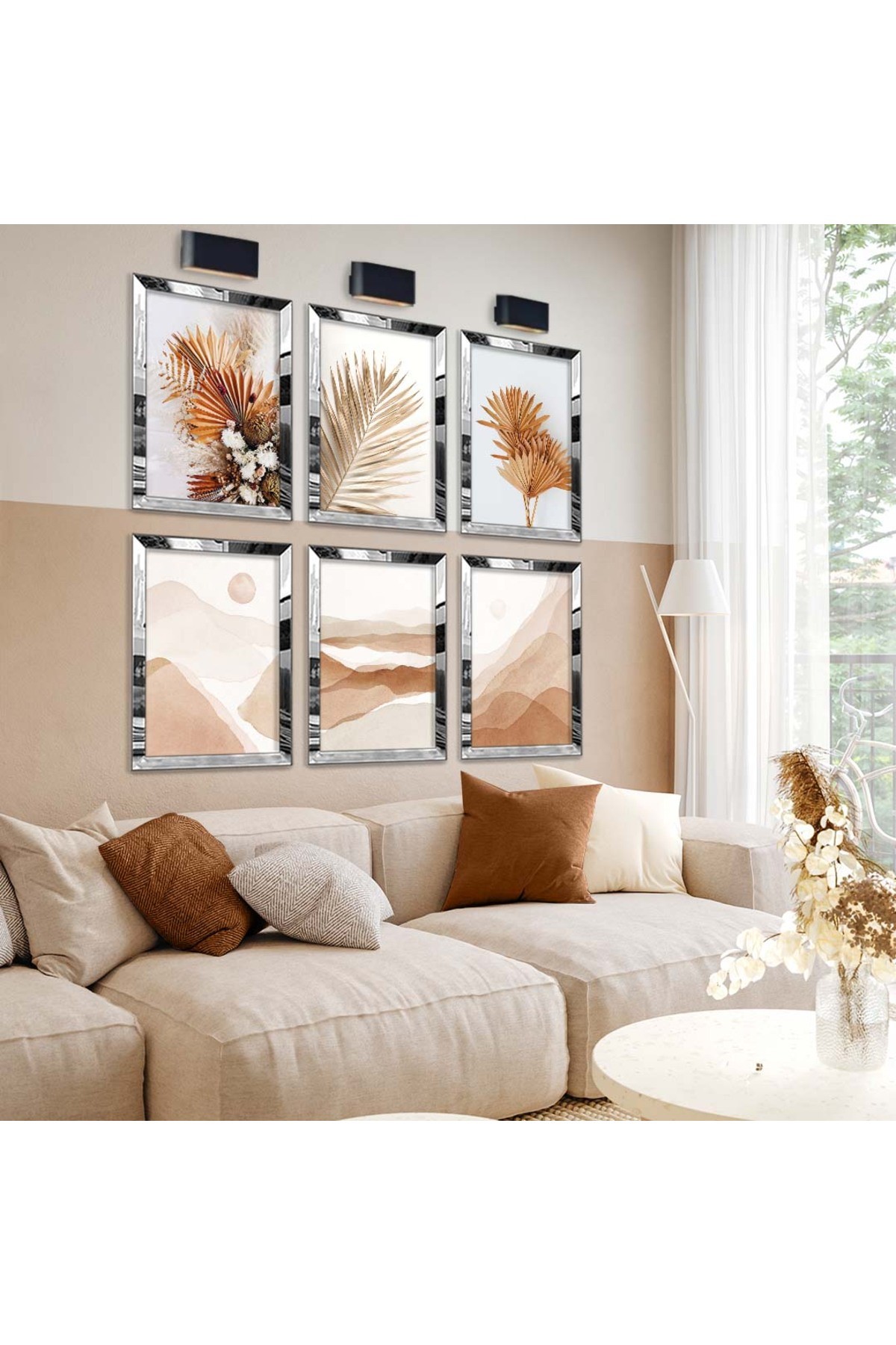 Kolaj Çizim Ve Yaprak Desen 6'Lı Pleksi Kenar Solmaz MDF Tablo Seti