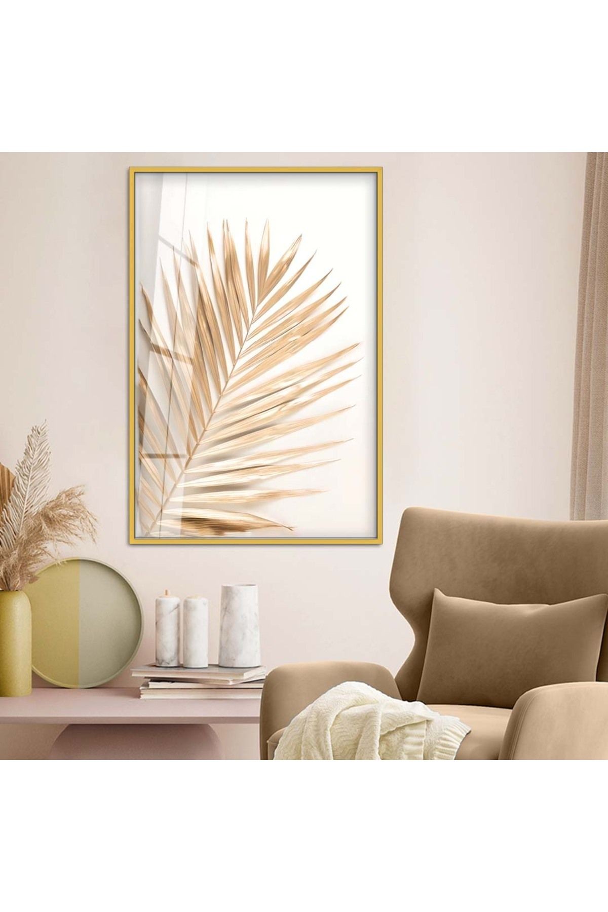 Gold Metal Çerçeveli Gold Yaprak Desen Kırılmaz Cam Tablo