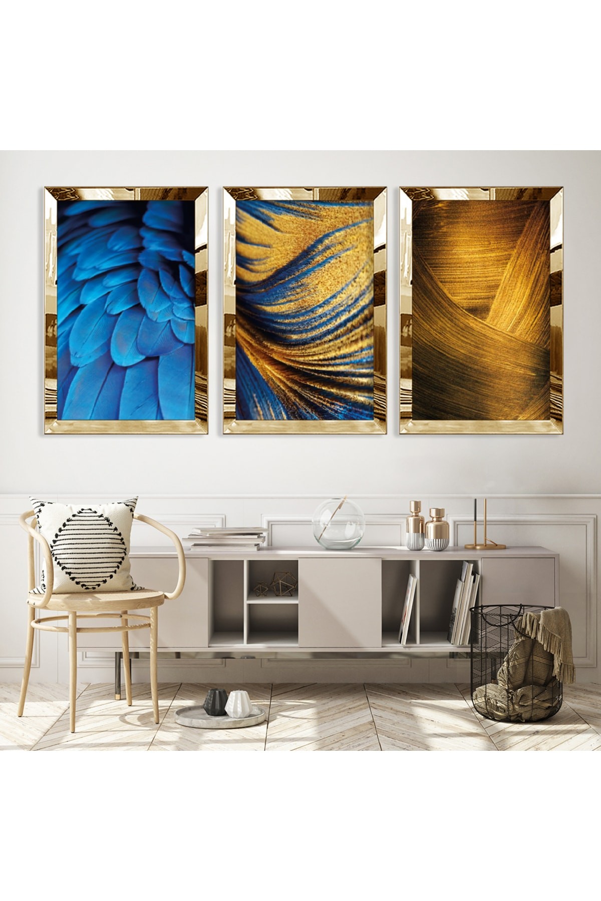 Renkli Modern Gold Pleksi Kenar 3'Lü Solmaz MDF Tablo Seti