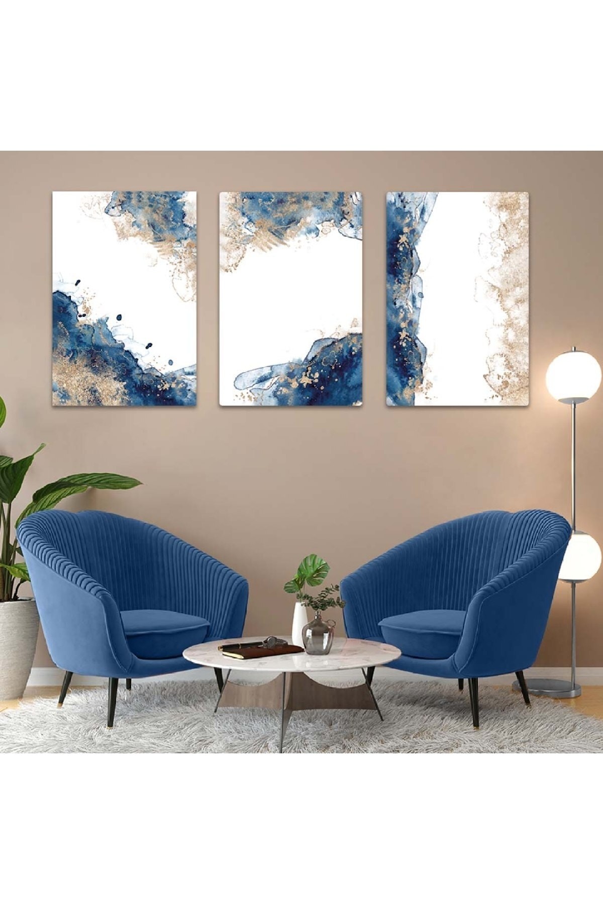 Mavi Beyaz Kolaj 3'Lü Ekstra Dayanıklı Solmaz MDF Tablo Set