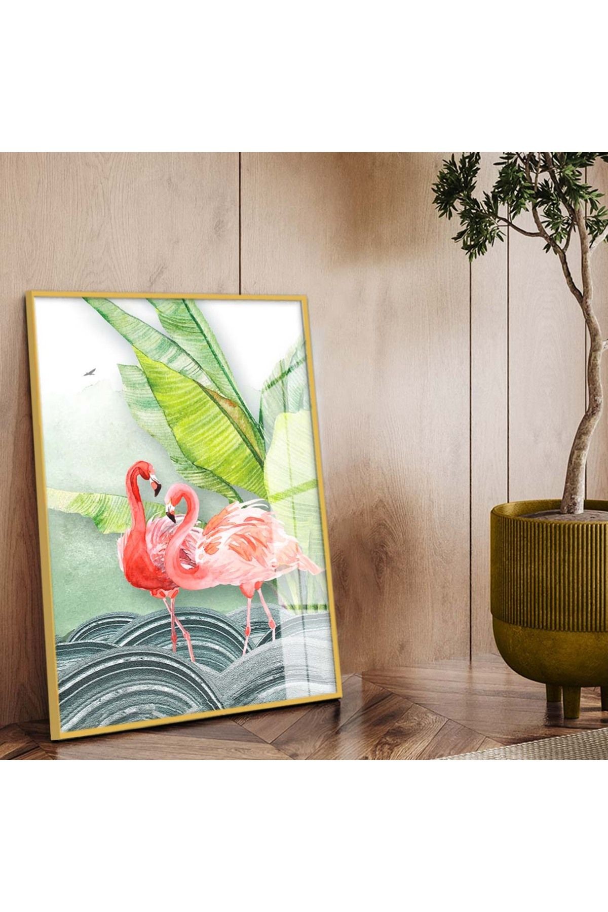 Gold Metal Çerçeveli Modern Çizim Flamingo Figür Kırılmaz Cam Tablo