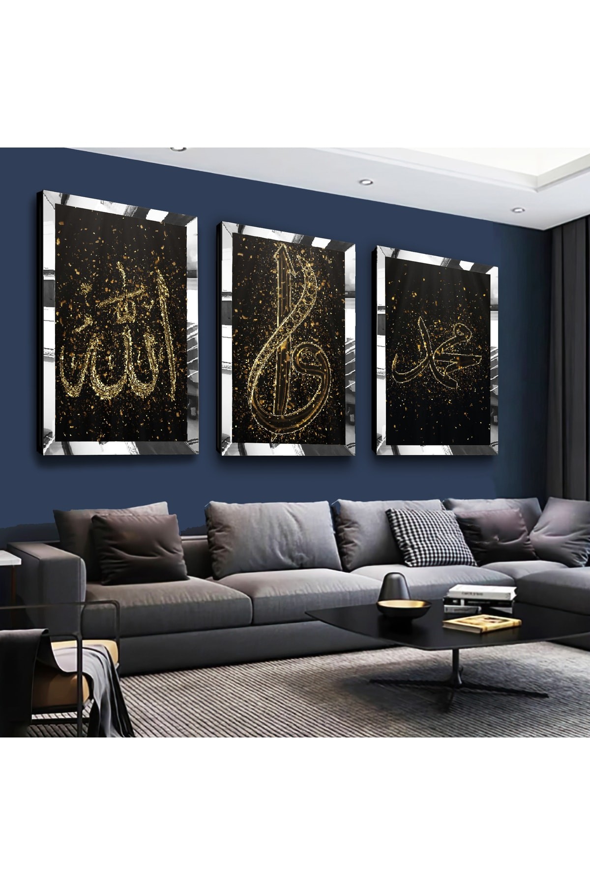 İslami Tablo Allah Muhammed Lafzı Gold Pleksi Kenar 3'Lü Solmaz MDF Tablo Seti