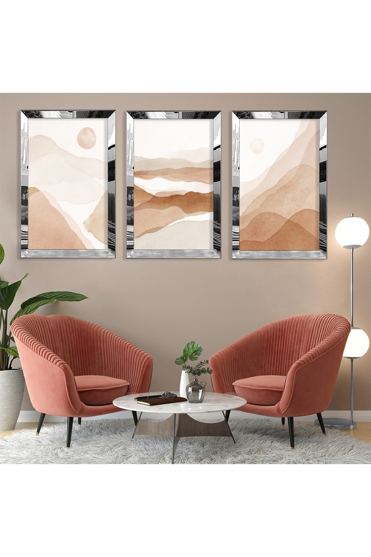 Minimalist Tablo Soyut Desen Dağ Gold Pleksi Kenar 3'Lü MDF Tablo Ve Saat Kombin