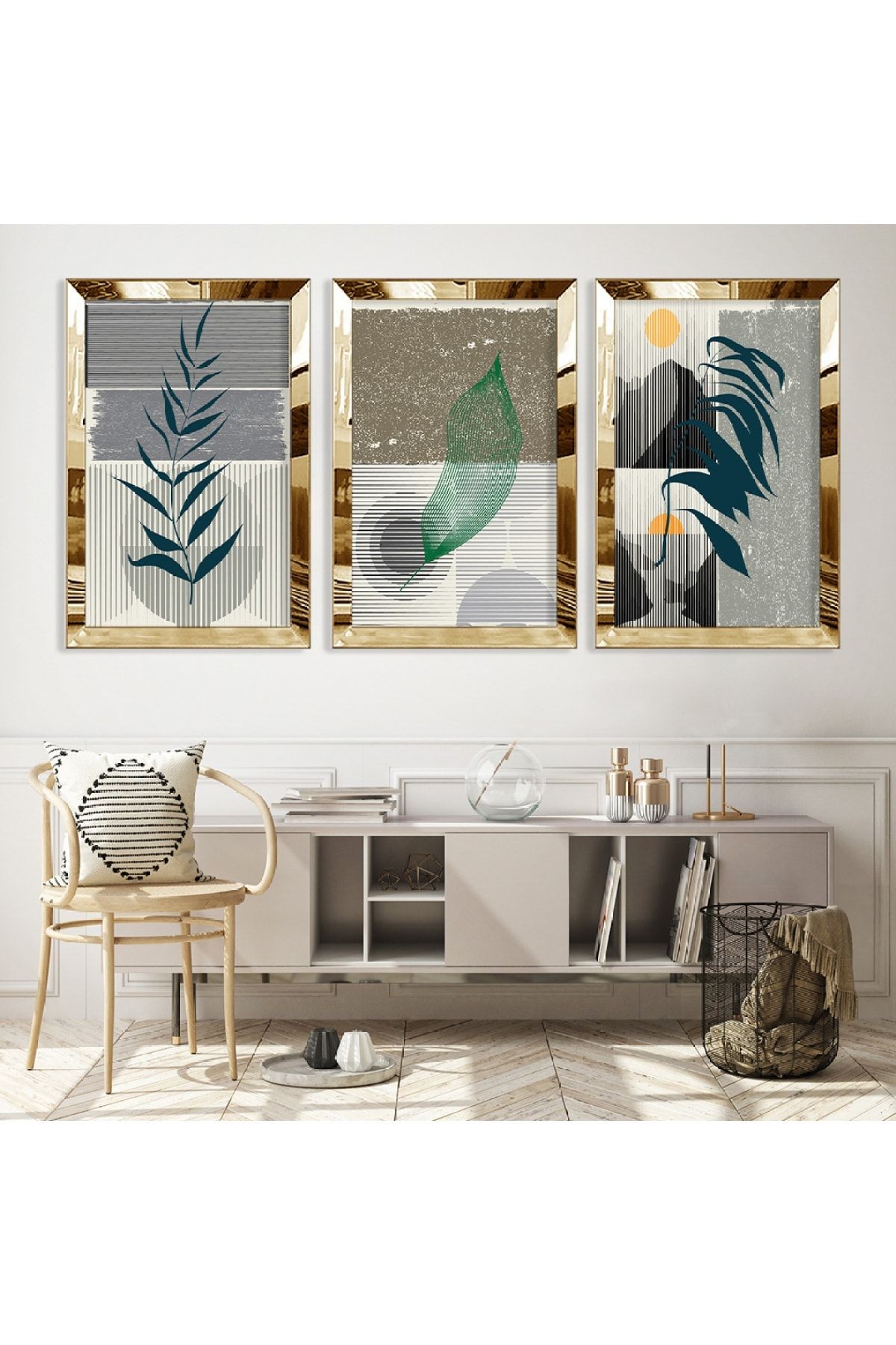 Gold Aynalı Pleksi Çerçeveli Minimalist Aynalı Üçlü Mdf Tablo Seti