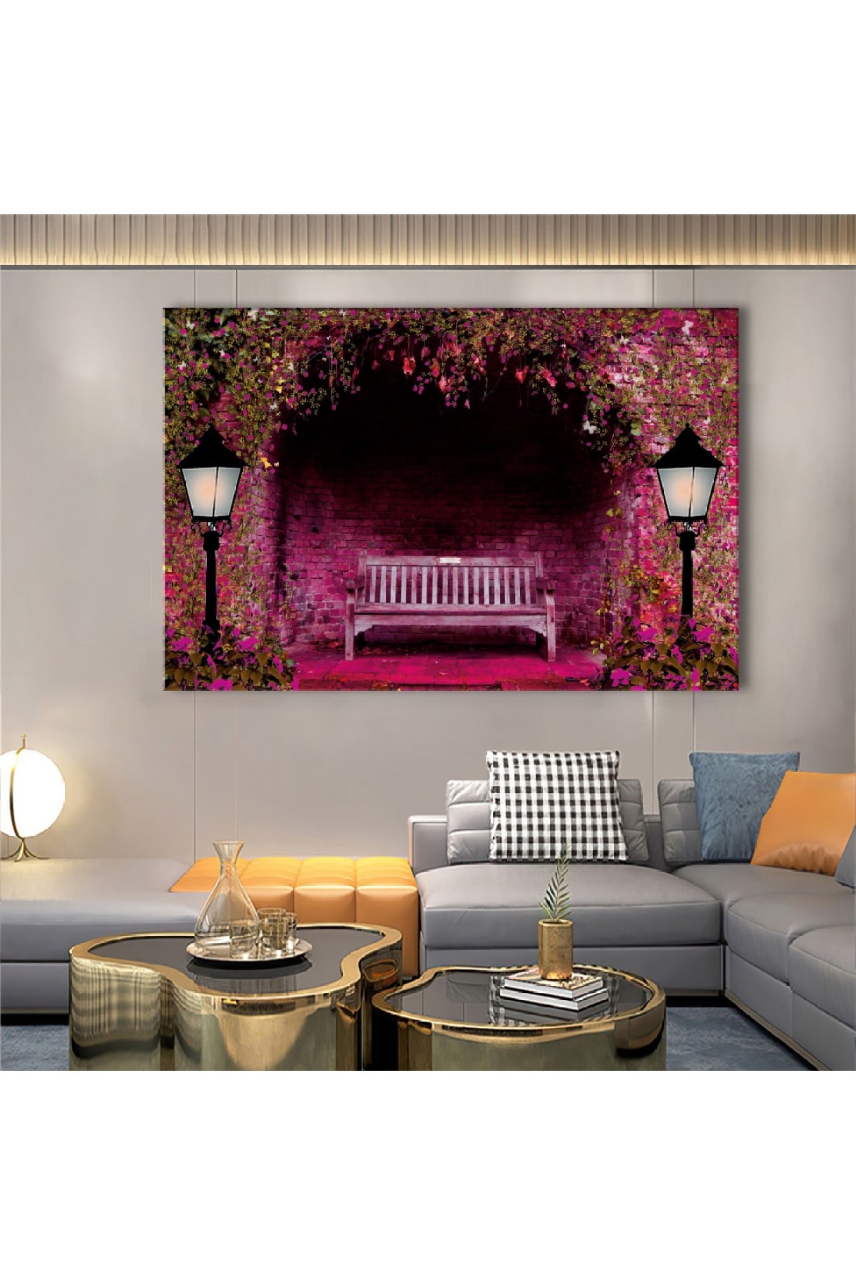Çiçekli Bank Ahşap Şase Dijital Baskı Kanvas Tablo 120X80Cm