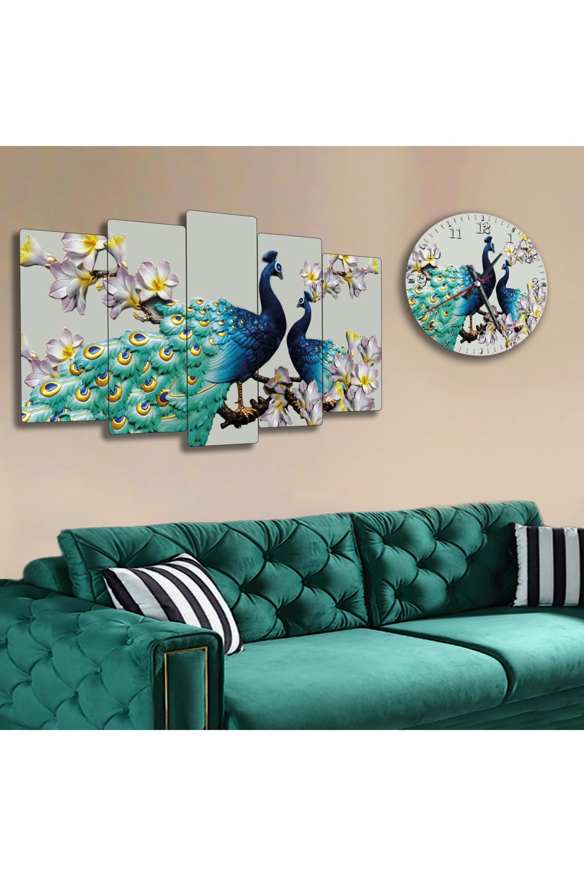 Sanat Tablosu Tavus Kuşu Solmaz MDF Tablo Ve Saat Kombin