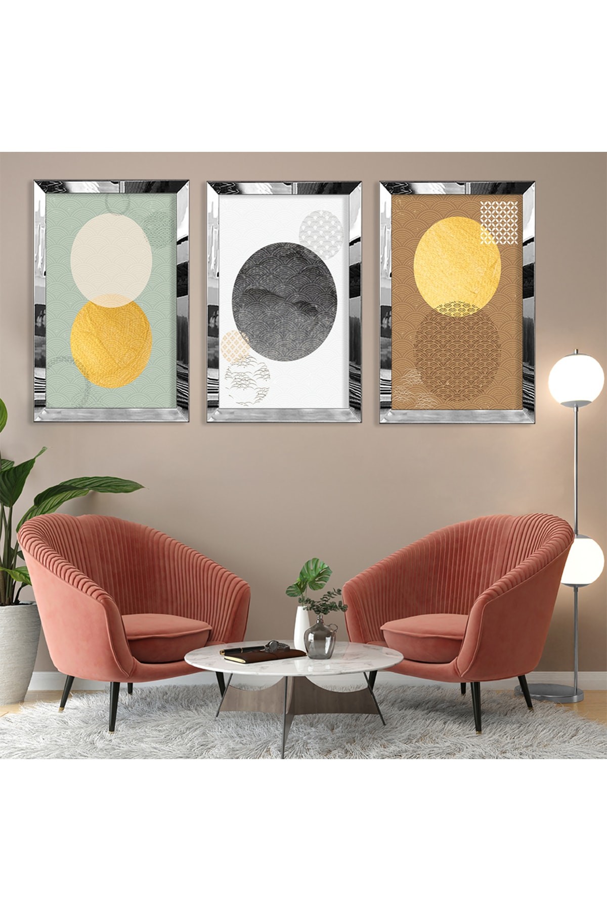 Modern Tablo Soyut Desen Gold Pleksi Kenar 3'Lü Solmaz MDF Tablo Ve Saat Kombin