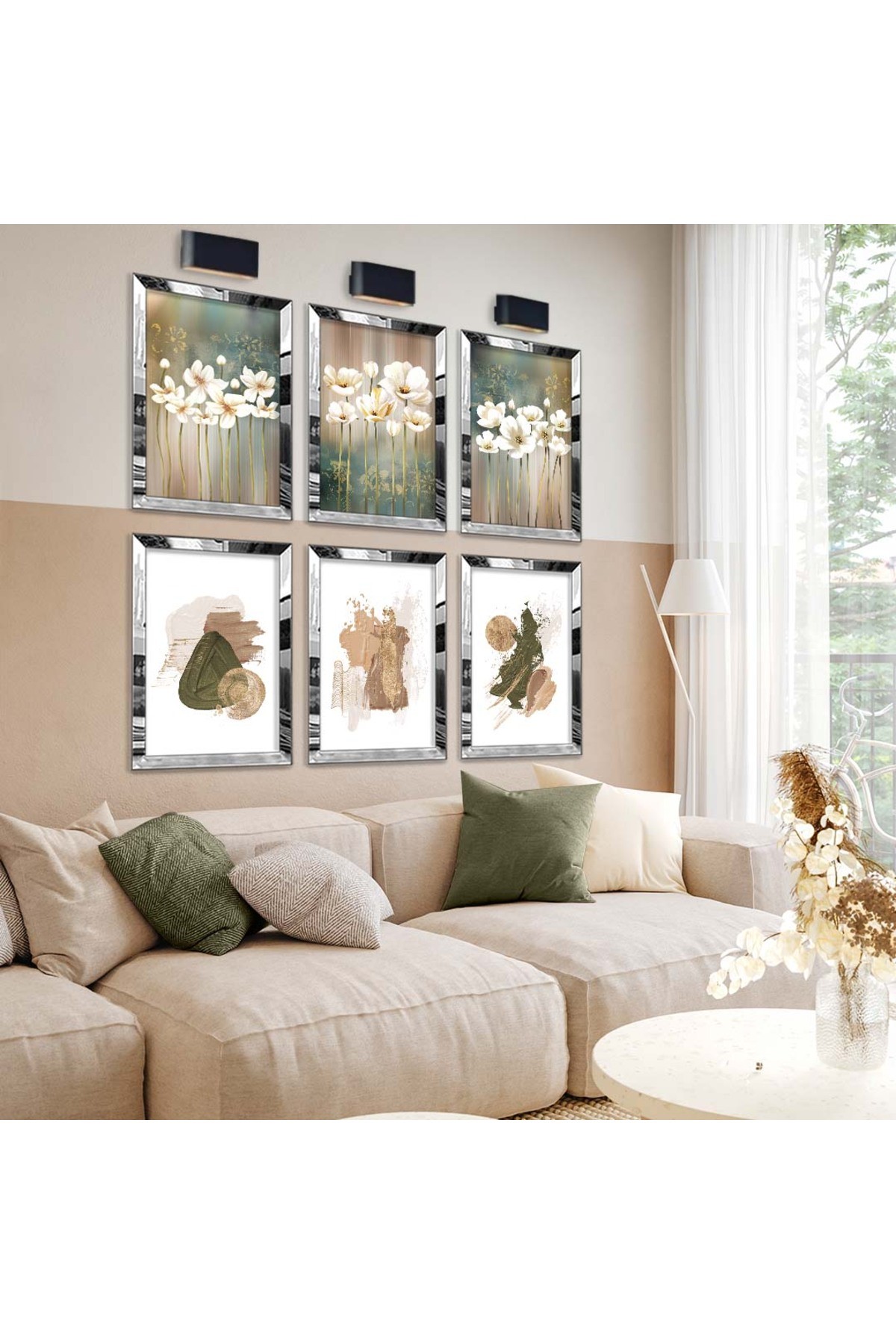 Kolaj Çizim Ve Beyaz Çiçekler 6'Lı Pleksi Kenar Solmaz MDF Tablo Seti