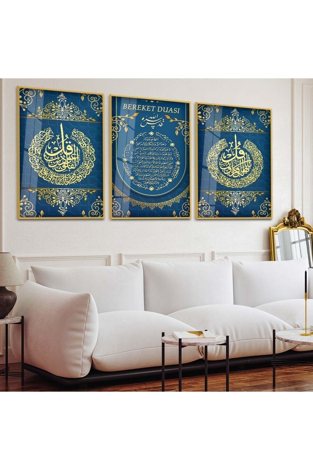 Gold Metal Çerçeveli Bereket Duası Dini Üçlü Kırılmaz Cam Tablo Seti