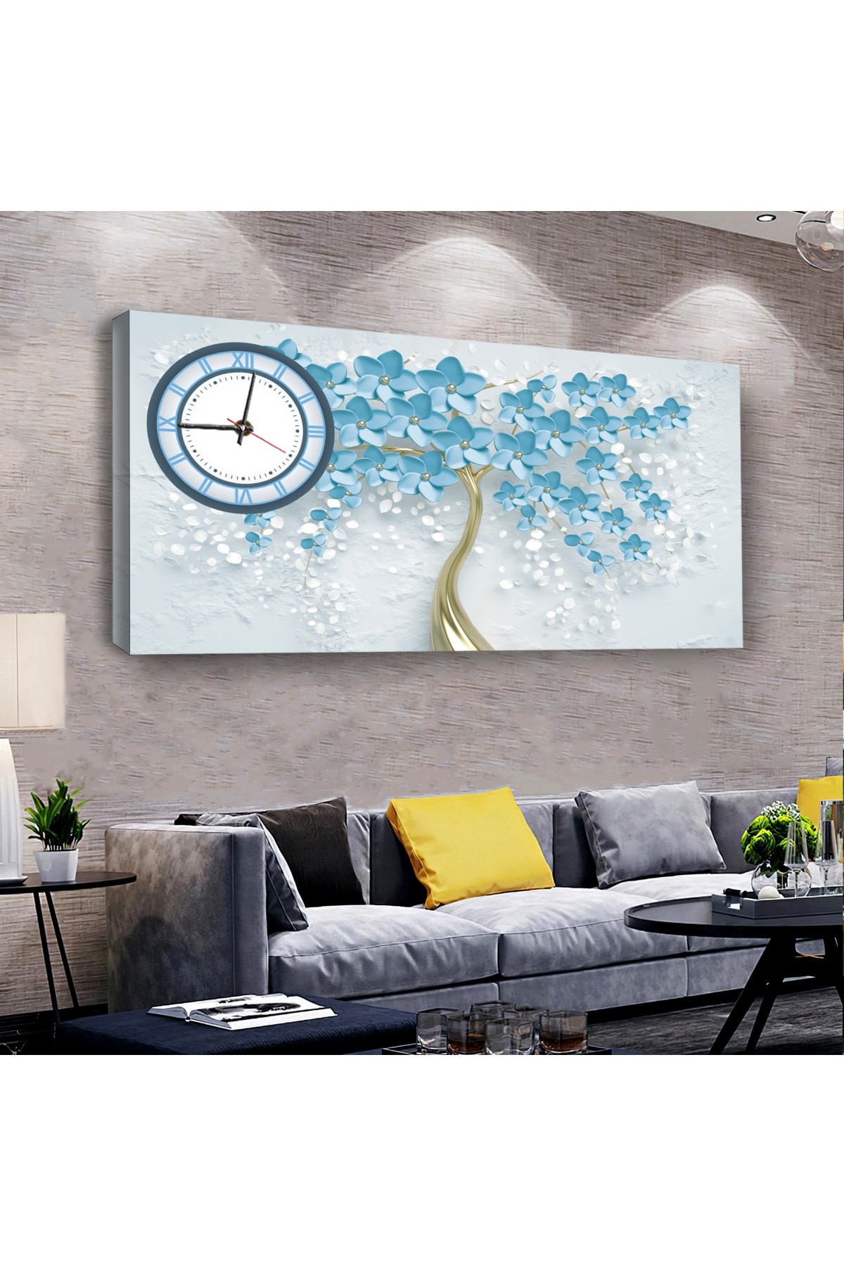Ofis Tablosu Mavi Çiçek saatliAhşap Şase Dijital Baskı Kanvas Tablo 100X50Cm