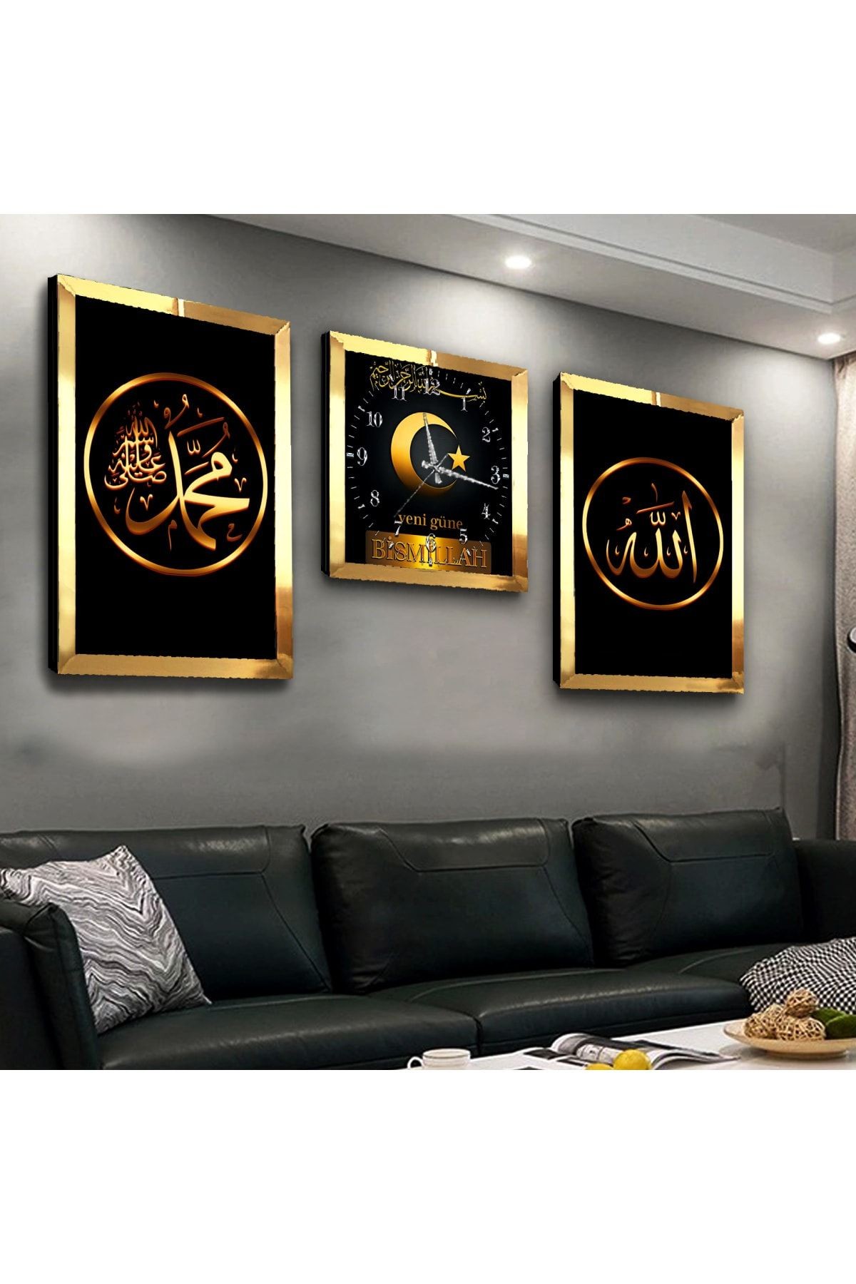 Gold Aynalı Pleksi Çerçeveli Hz Muhammed Ve Allah Lafzı Üçlü Mdf Tablo Seti Ve Saat Seti