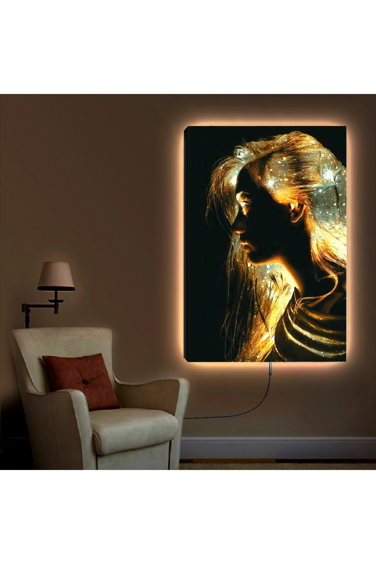 Canlı Ledli Altın Kız Ahşap Şase Dijital Baskı Kanvas Tablo 90X60Cm