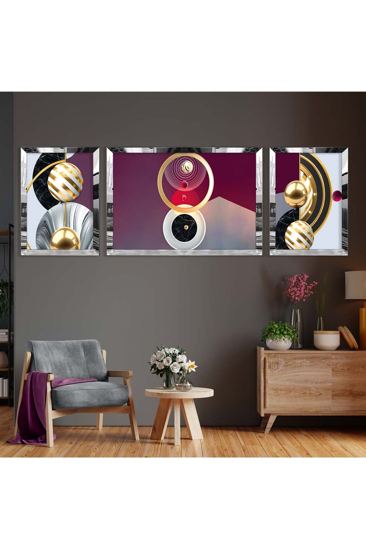 Gold Aynalı Pleksi Çerçeveli Üçlü Kırmızı Arka Planlı Gold Ve Beyaz Desenli Mdf Tablo Seti