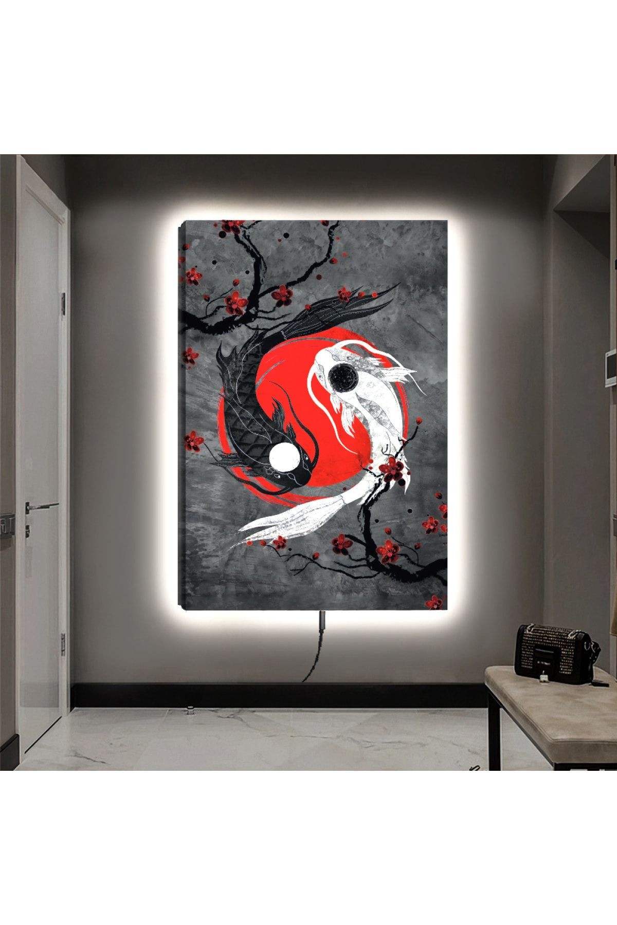 Kanvas Gri Arka Planlı Yin Yang Sembolü Ledli Tablo