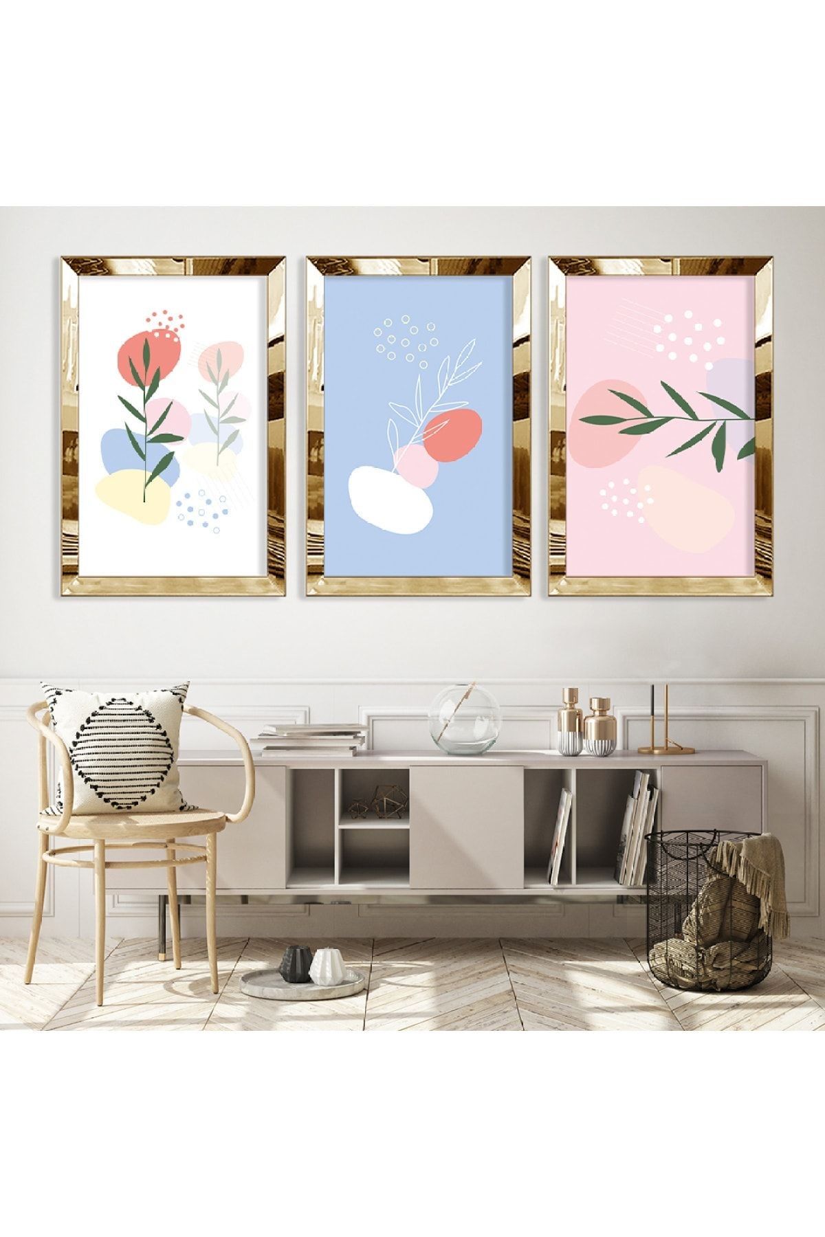 Gold Aynalı Pleksi Çerçeveli Minimalist Çiçek Aynalı Üçlü Mdf Tablo Seti