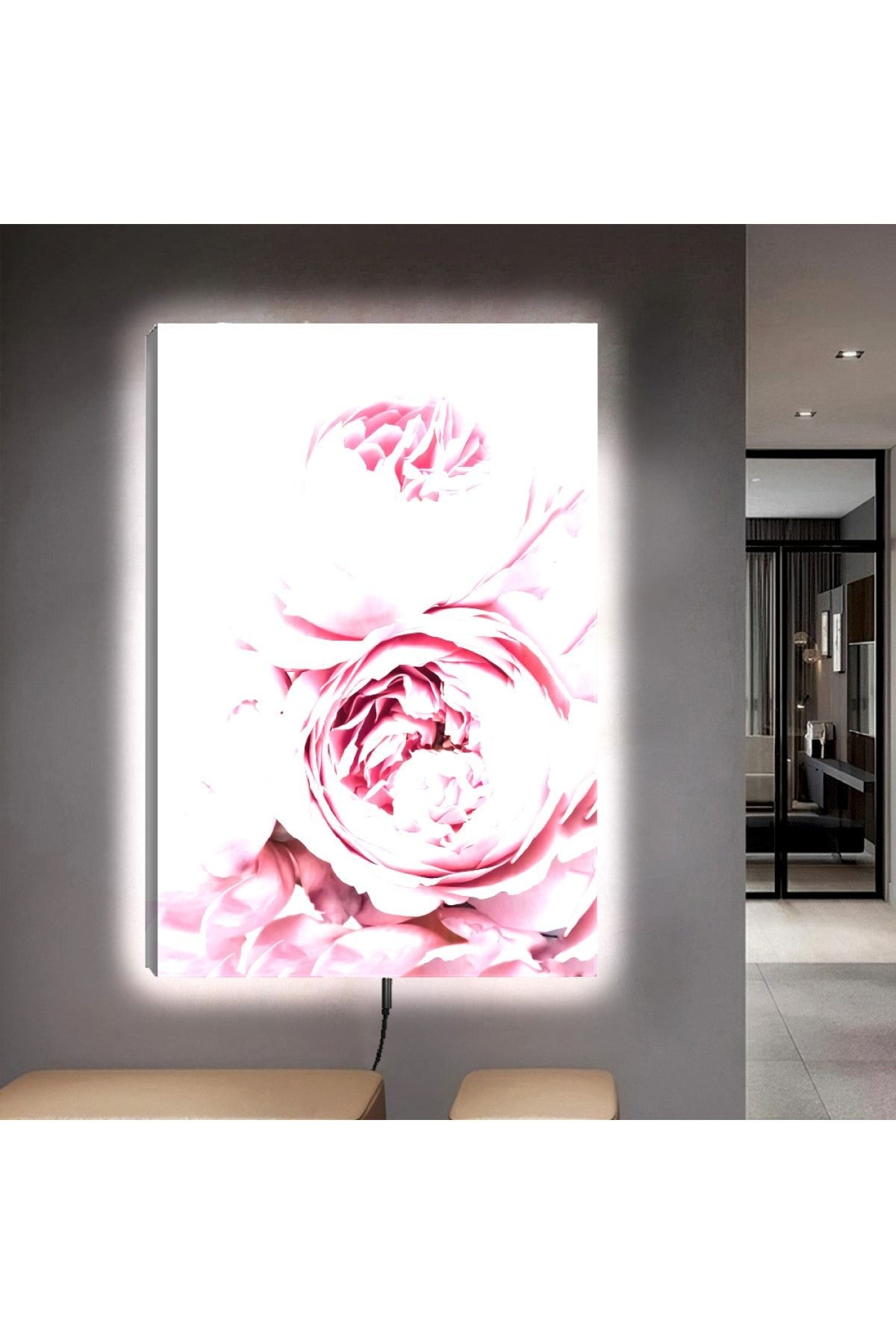 Kanvas Beyaz Arka Planlı Pembe Güller Ledli Tablo