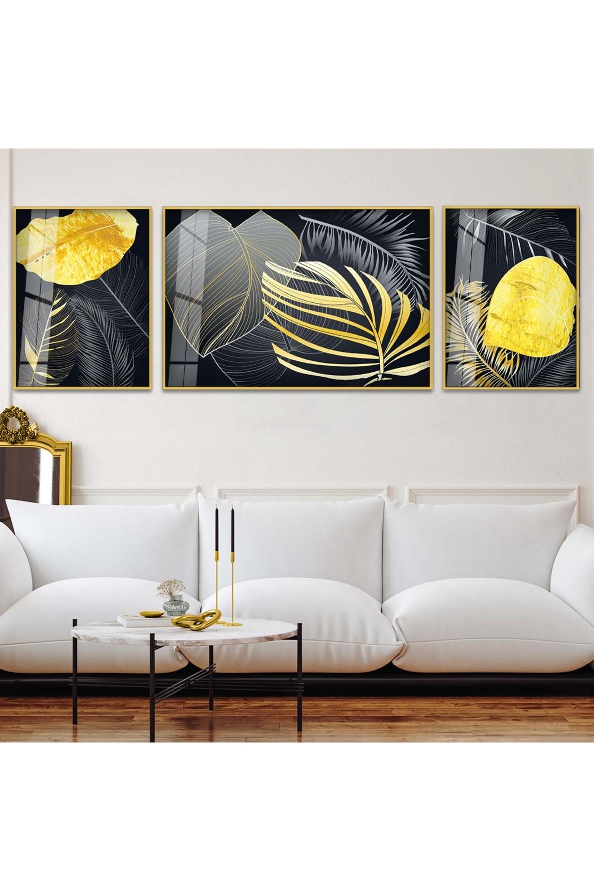 Canlı Modern Çizim Soyut Desen 3'Lü Metal Çerçeveli UV Baskı Kırılmaz Cam Tablo