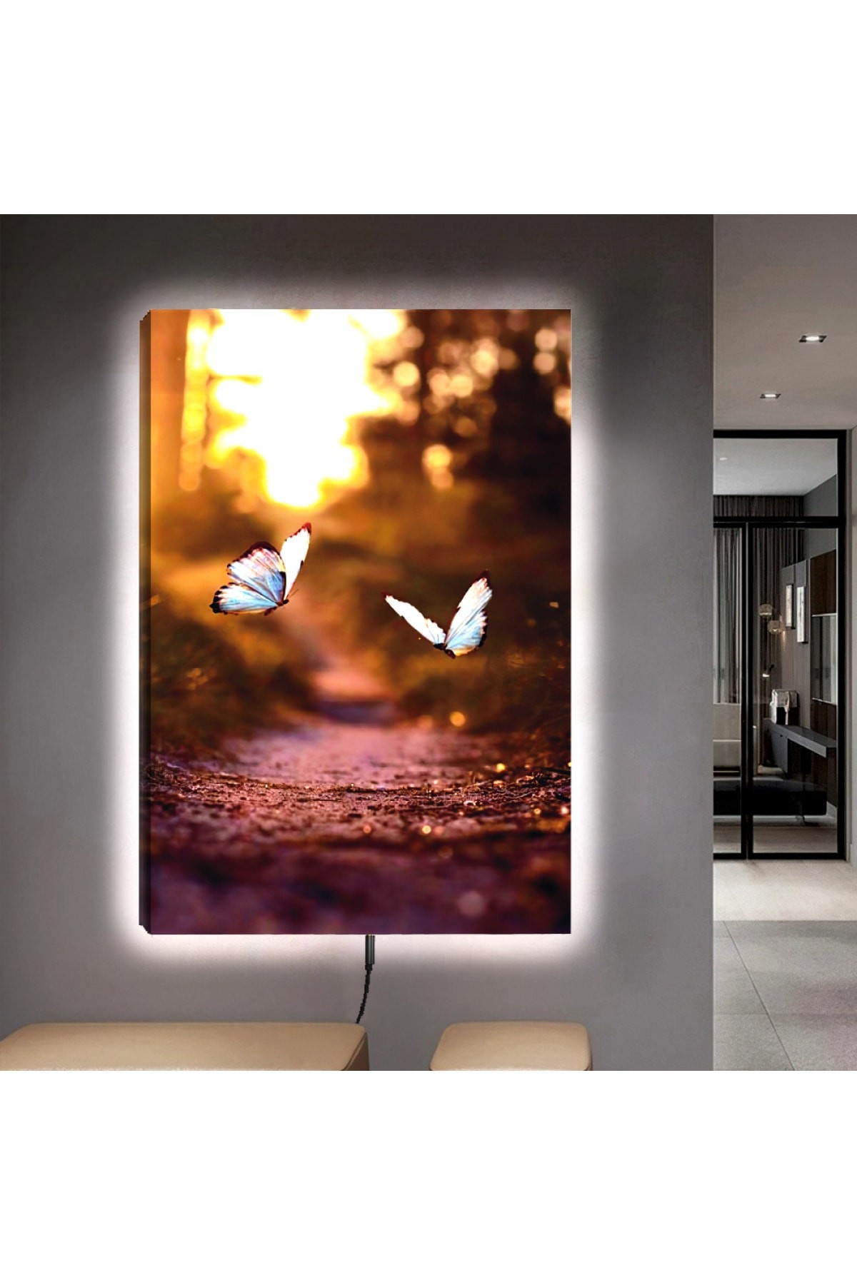 Ledli Mavi Aşk Kelebekleri Ahşap Şase Dijital Baskı Kanvas Tablo 90X60Cm