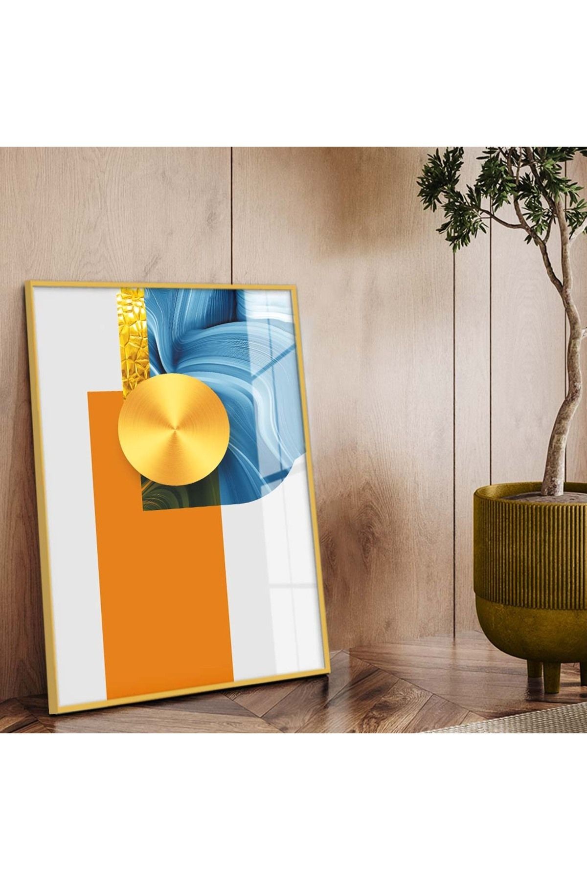 Gold Metal Çerçeveli Geometrik Çizim Soyut Tema Kırılmaz Cam Tablo