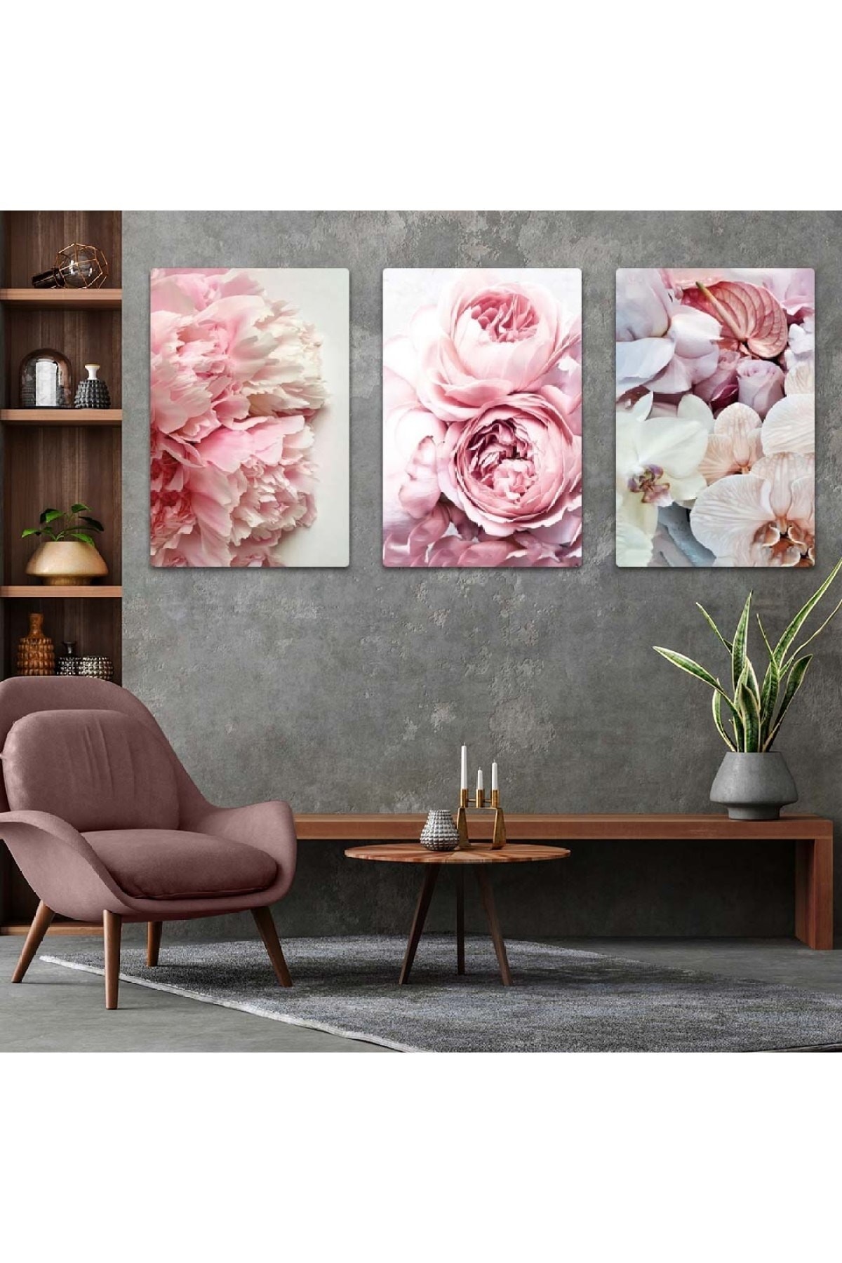 Pembe Güller 3'Lü Ekstra Dayanıklı Solmaz MDF Tablo Set