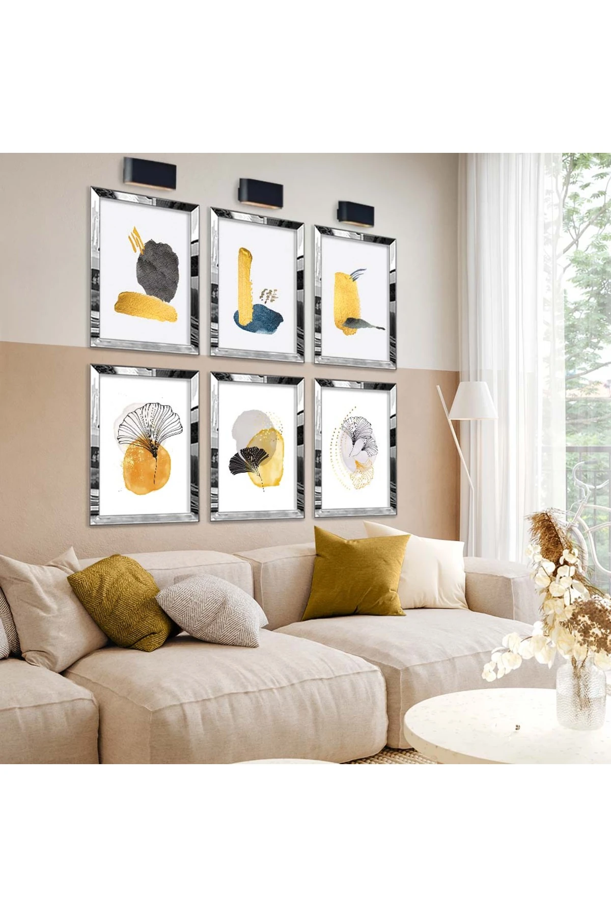 Oturma Odası Tablosu Kolaj Çizim Modern Tema 6'Lı Pleksi Kenar MDF Tablo Seti