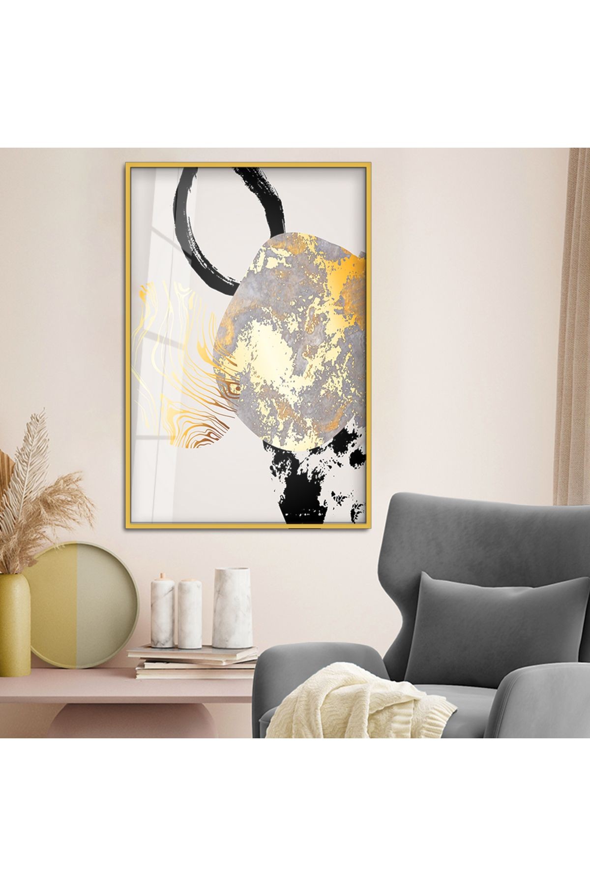 Gold Metal Çerçeveli Modern Çizim Kırılmaz Cam Tablo