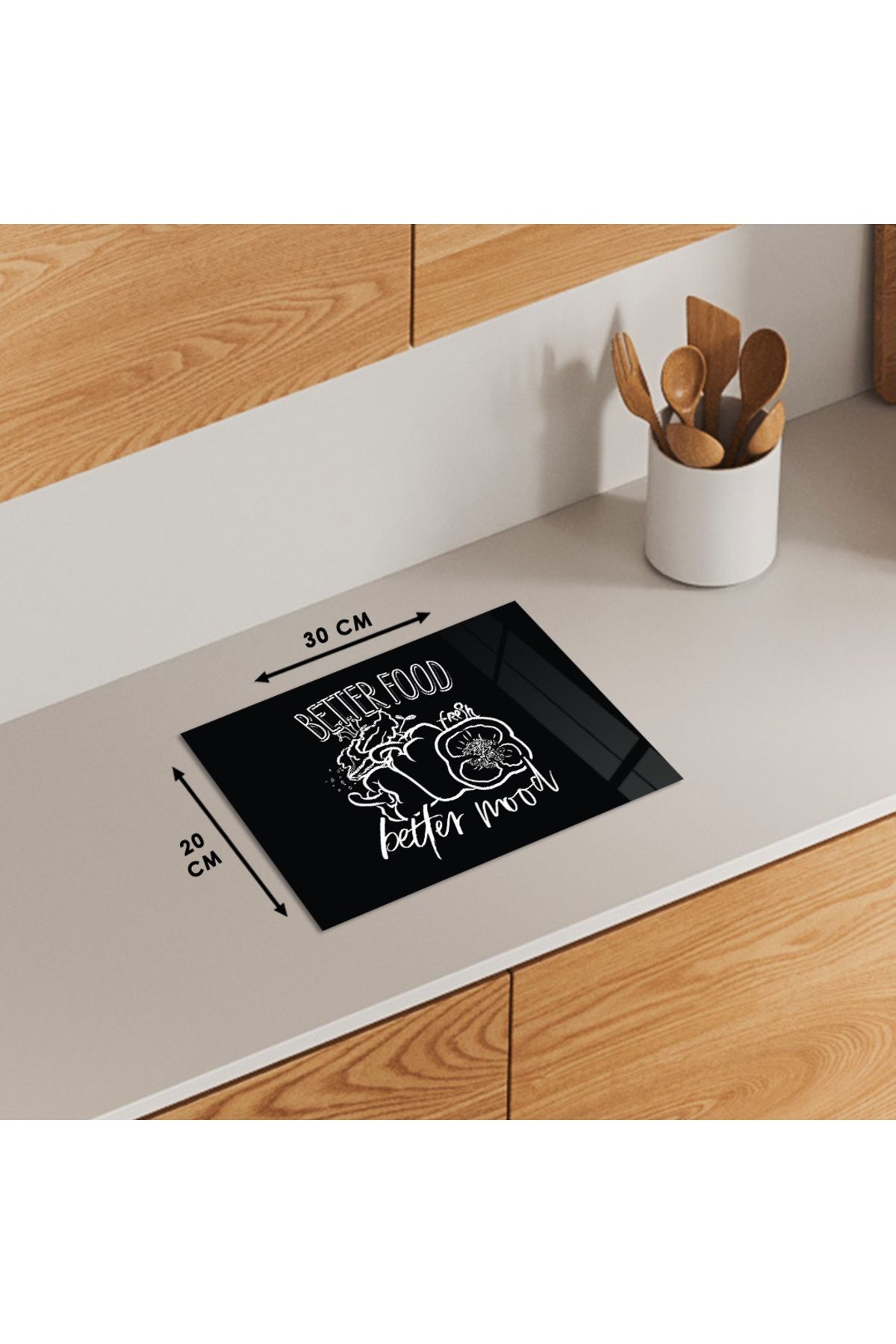 Cam Kesme Tahtası Siyah Arka Planlı "Better Food Better Mood" Yazılı