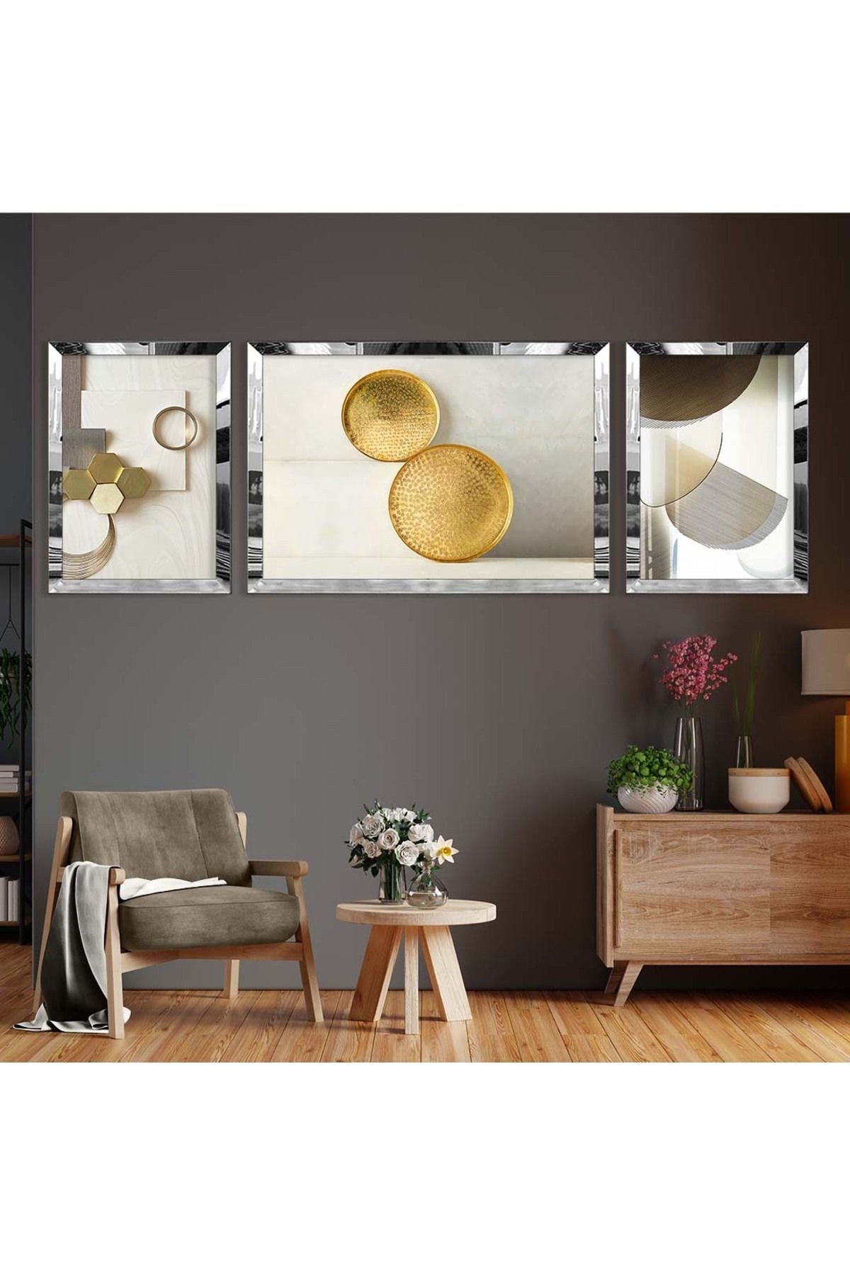 Gold Aynalı Pleksi Çerçeveli Üçlü Gri Ve Beyaz Arka Planlı Gold Desenli Mdf Tablo Seti