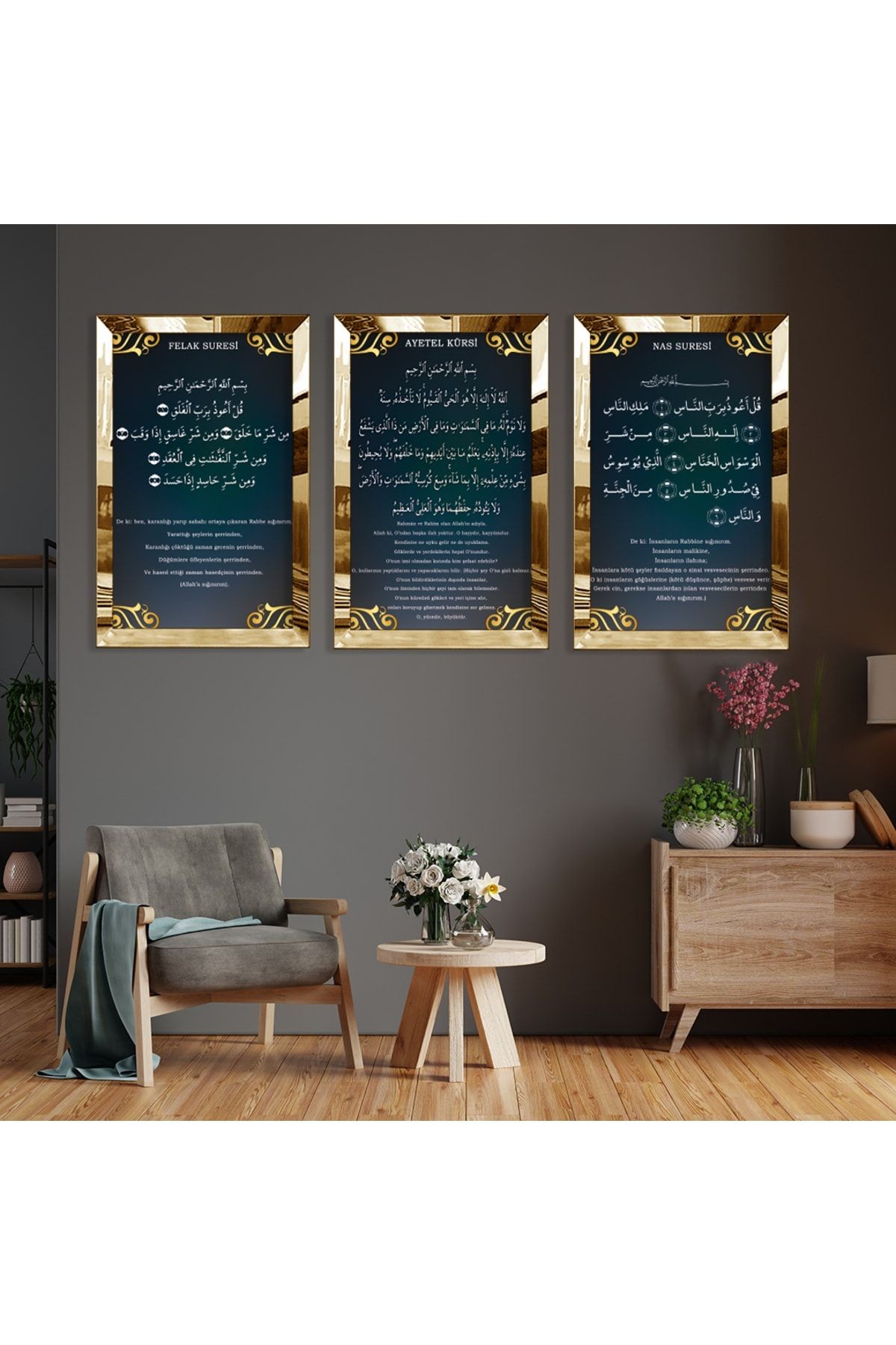 Gold Aynalı Pleksi Çerçeveli Felak Nas Ve Ayetel Kürsi Dini Üçlü Mdf Tablo Seti
