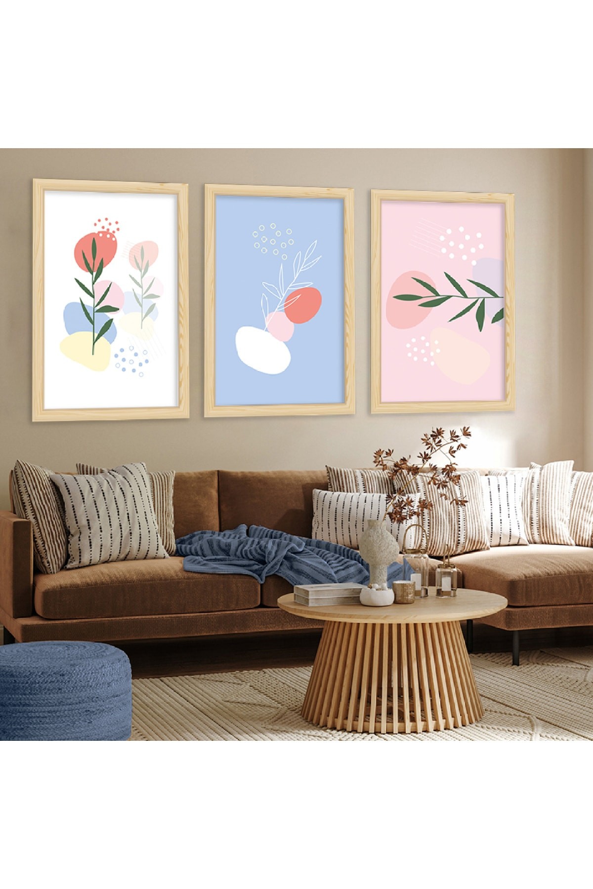 Renkli Modern Tablo Ahşap Çerçeveli Kolaj Çizim Modern Tablo