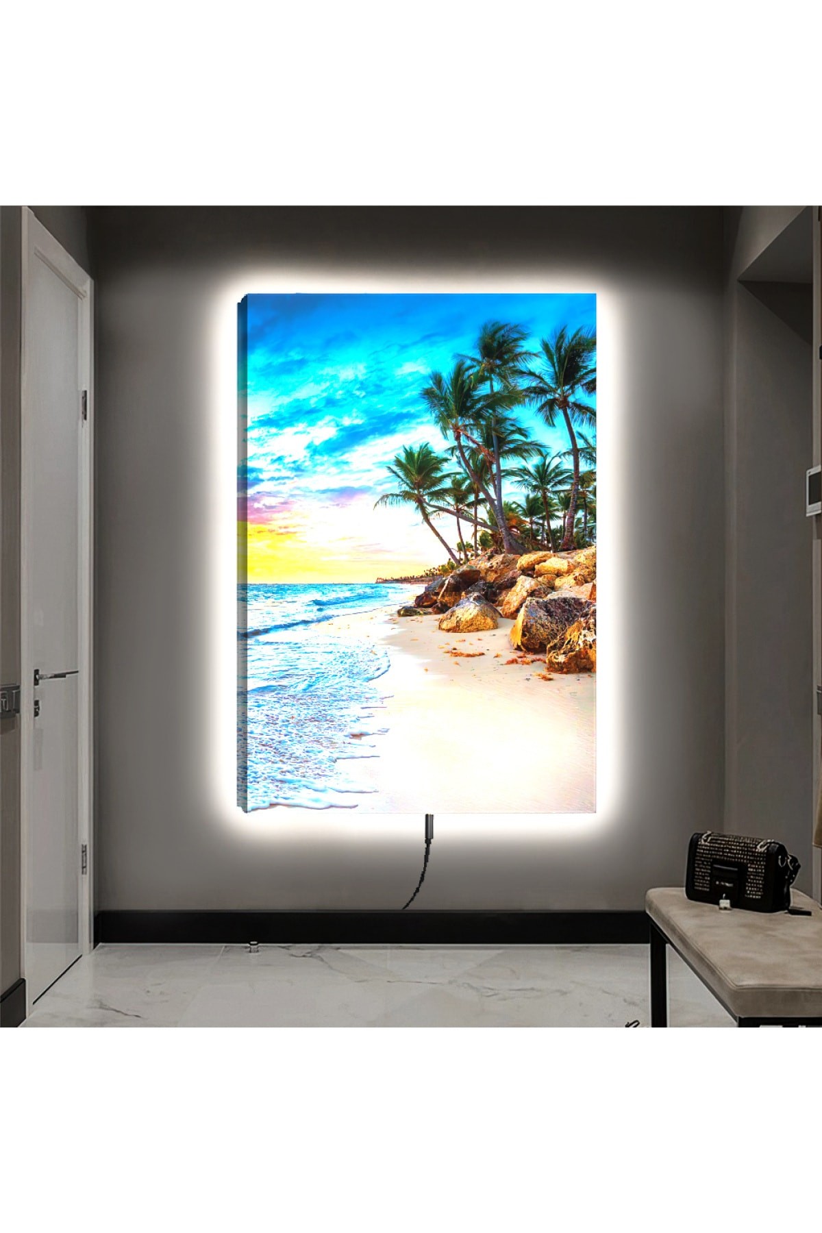 Ledli Plaj Manzara Ahşap Şase Dijital Baskı Kanvas Tablo 90X60Cm