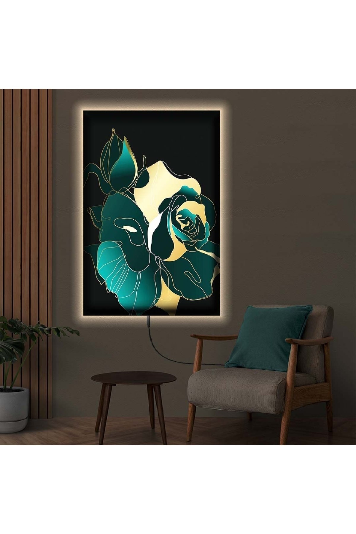 Modern Tablo Ledli Soyut Desen Çiçek Ahşap Şase Dijital Baskı Kanvas Tablo 90X60Cm