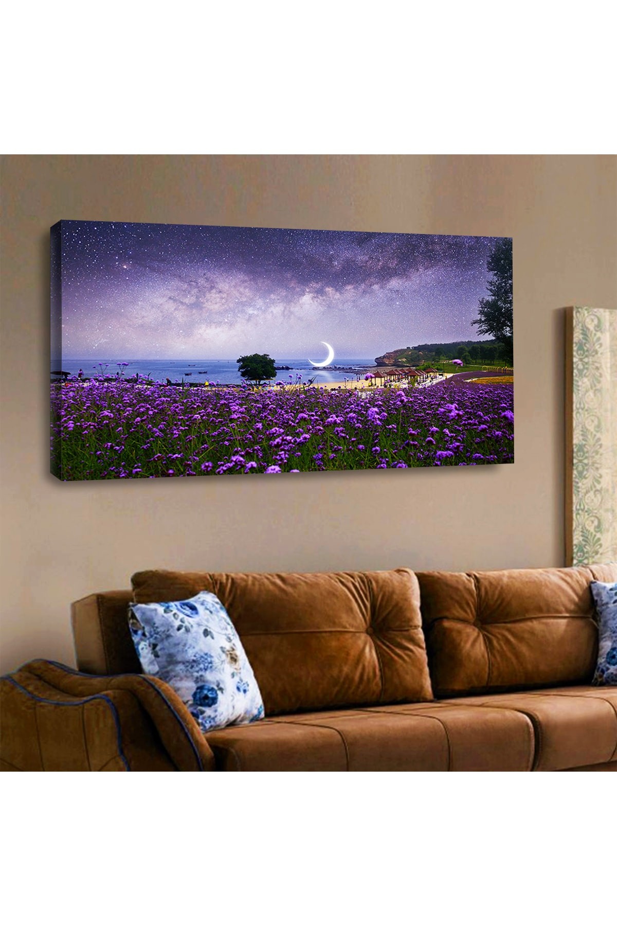 Ahşap Şase Dijital Baskı Kanvas Mor Renk Yeryüzü-Gökyüzü Tablosu 120X60Cm