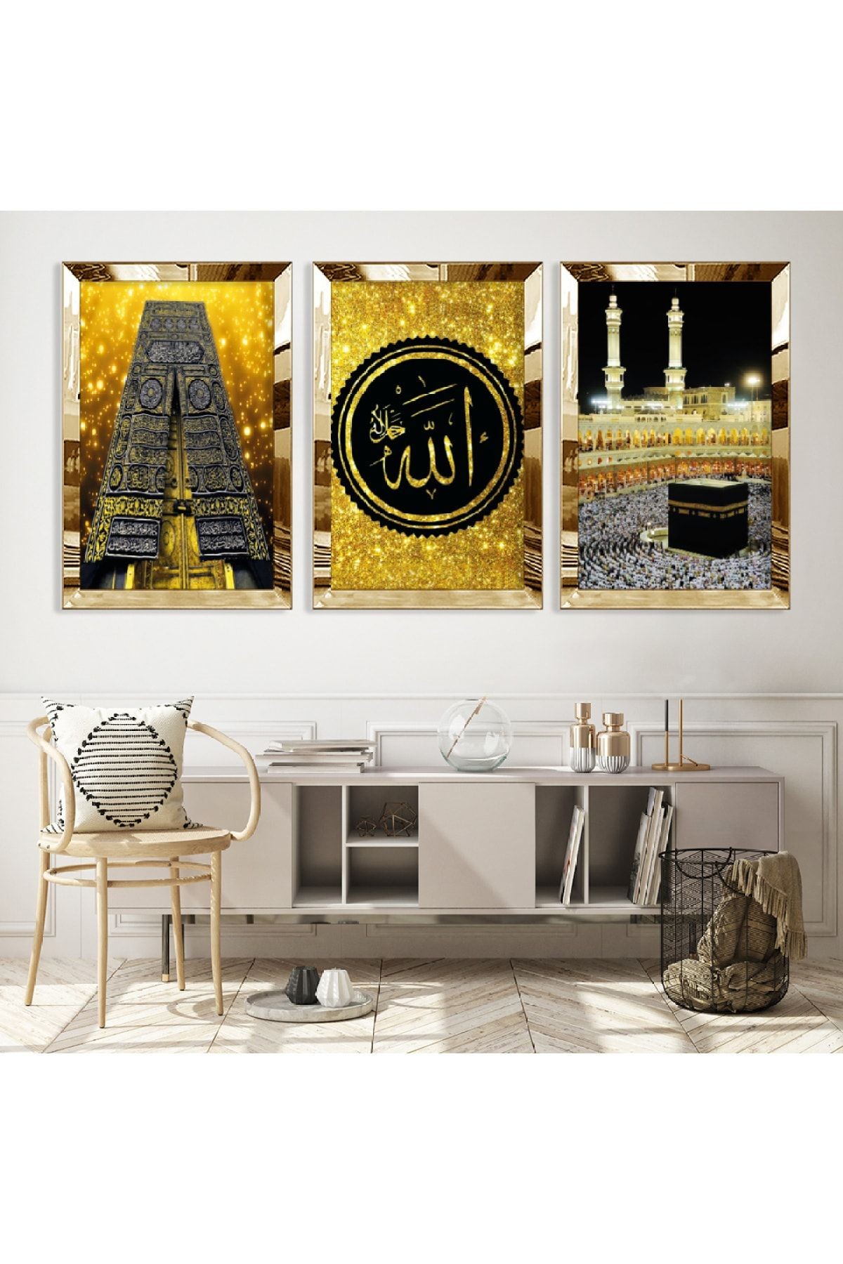 Gold Aynalı Pleksi Çerçeveli Kabe Ve Allah Lafzı Üçlü Mdf Tablo Seti