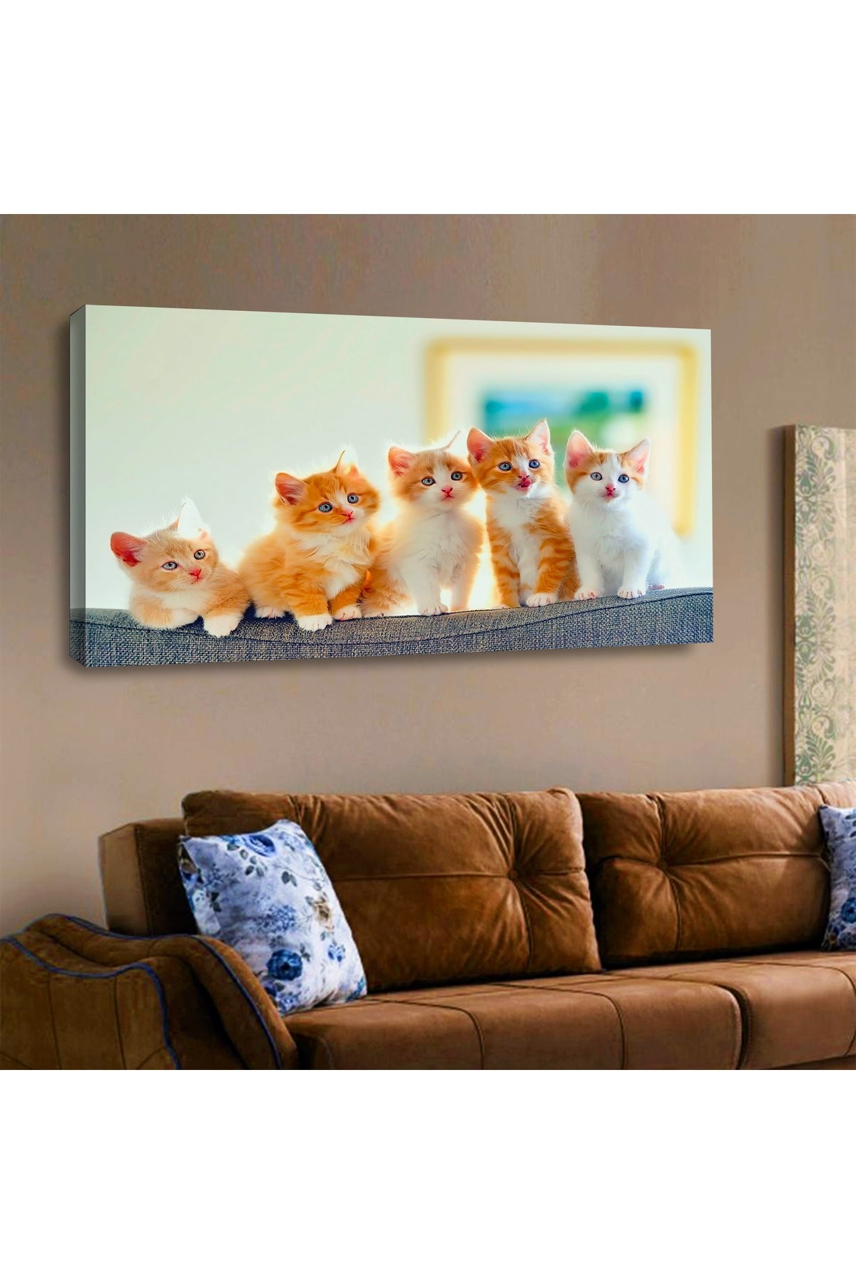 Kediler Ahşap Şase Dijital Baskı Kanvas Tablo 120X60Cm