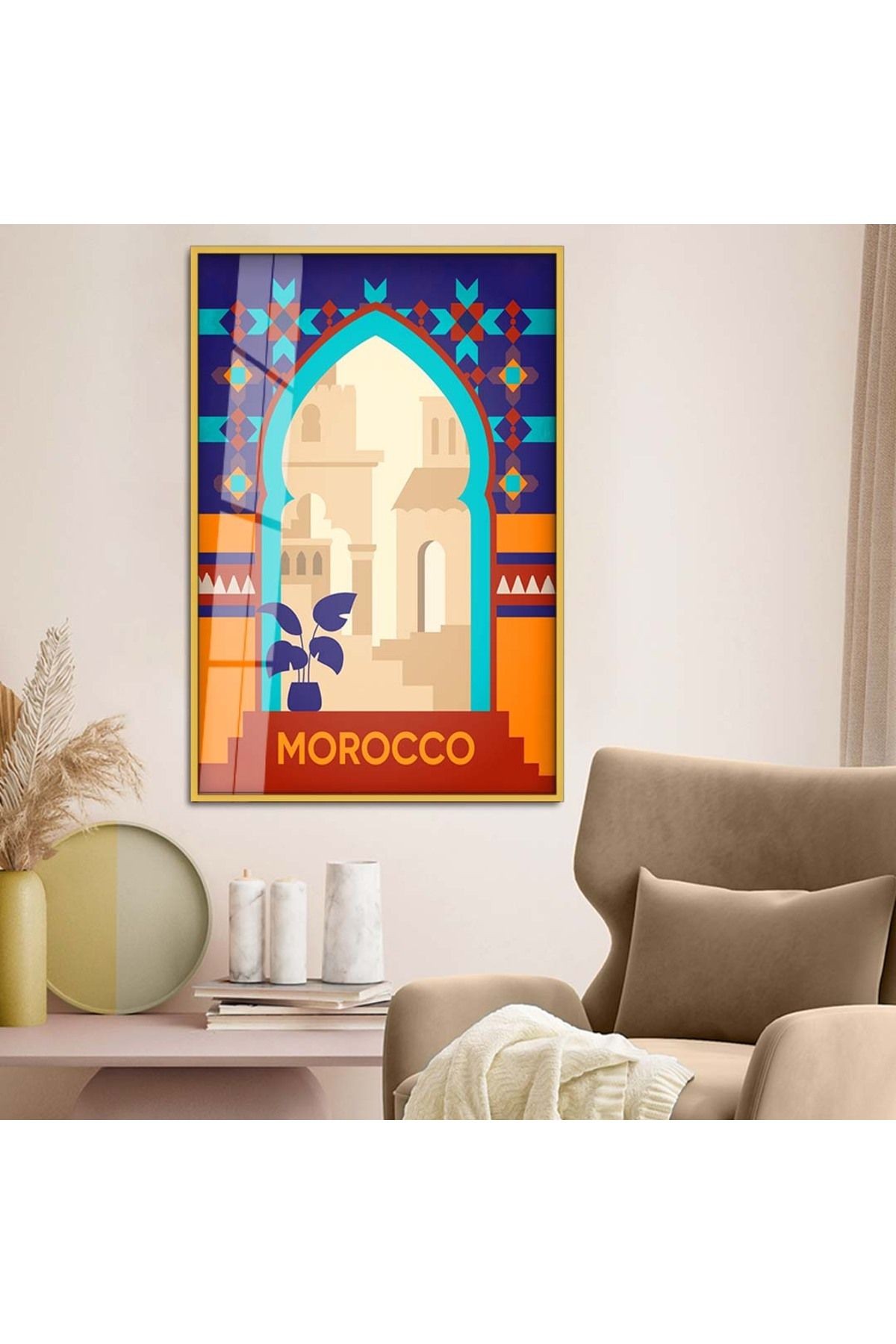Gold Metal Çerçeveli Modern Çizim Seyahat Tema Kırılmaz Cam Tablo