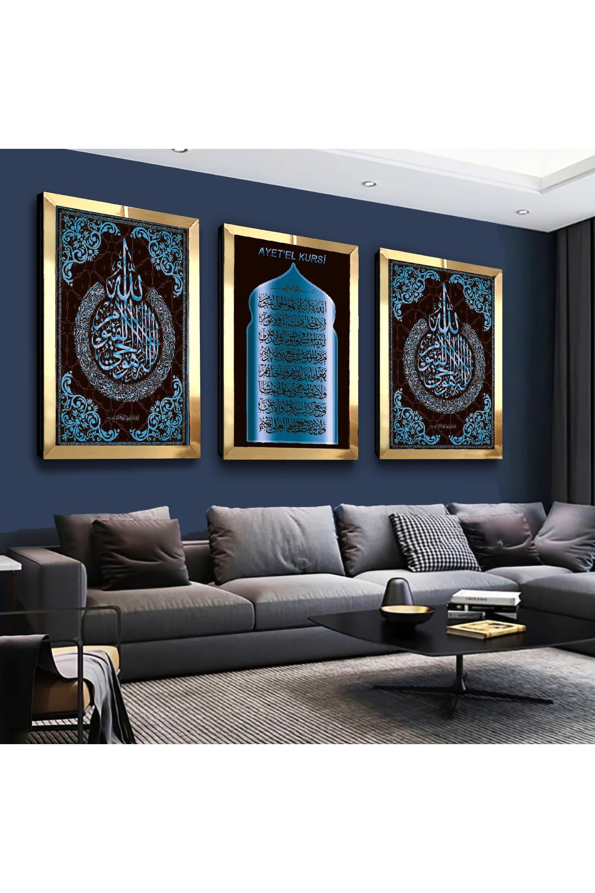İslami Motifli Ayetel Kürsi Ve Allah Lafzı Gold Pleksi Kenar 3'Lü MDF Tablo Seti
