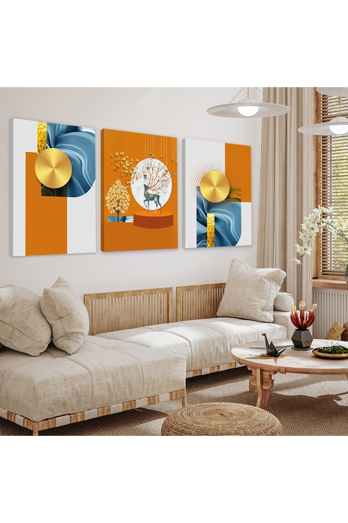 Minimal Huzur Soyut Desen 3'Lü Ahşap Şase Dijital Baskı Kanvas Tablo