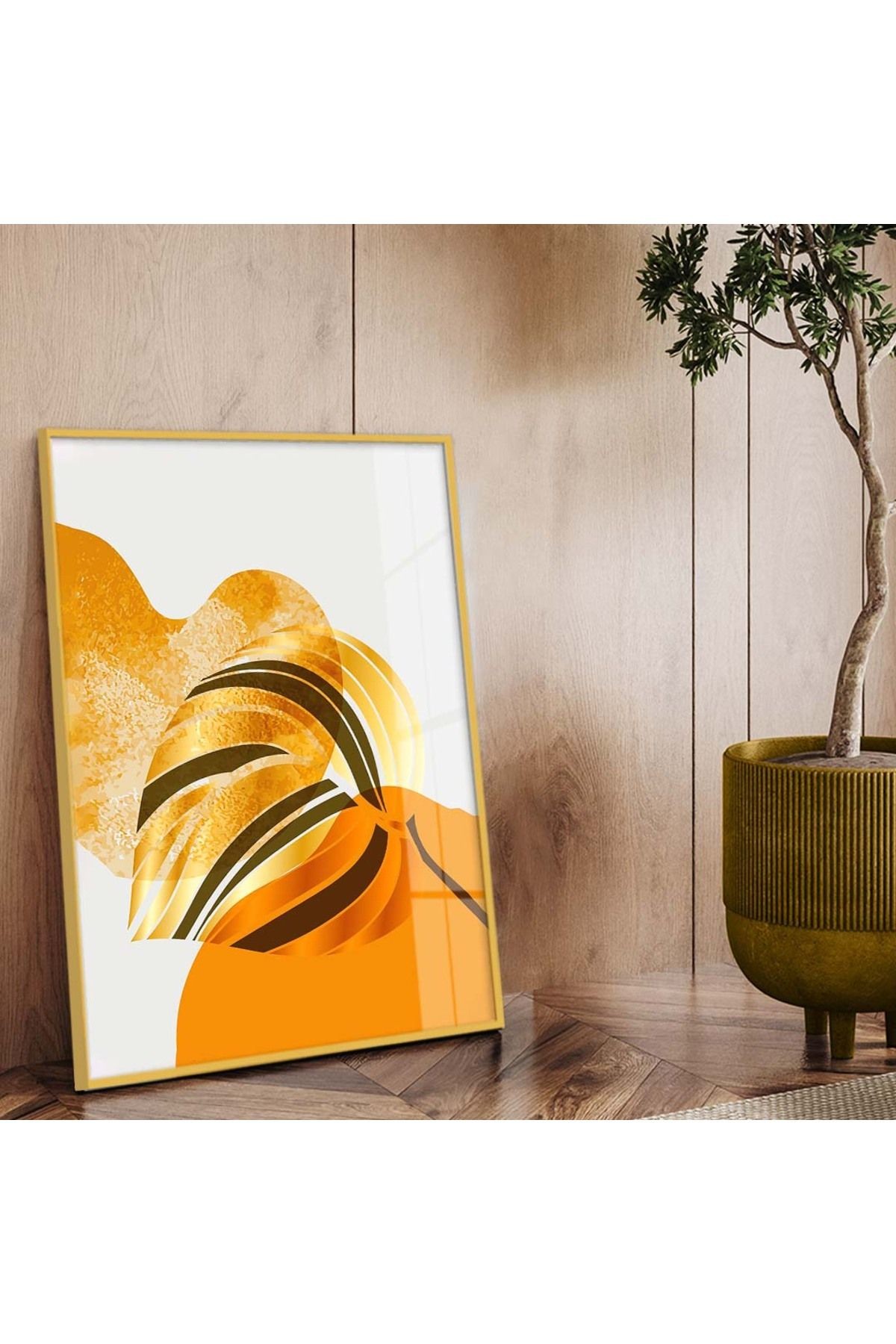 Gold Metal Çerçeveli Kolaj Çizim Modern Tema Kırılmaz Cam Tablo