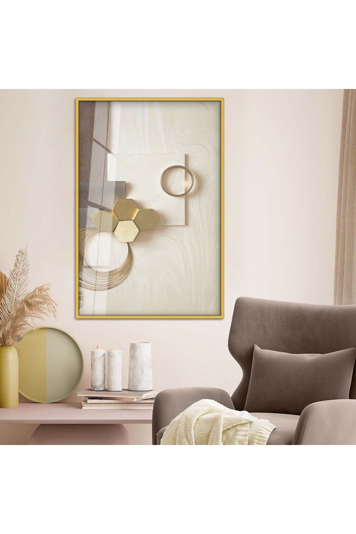 Gold Metal Çerçeveli Modern Çizim Soyut Tema Kırılmaz Cam Tablo