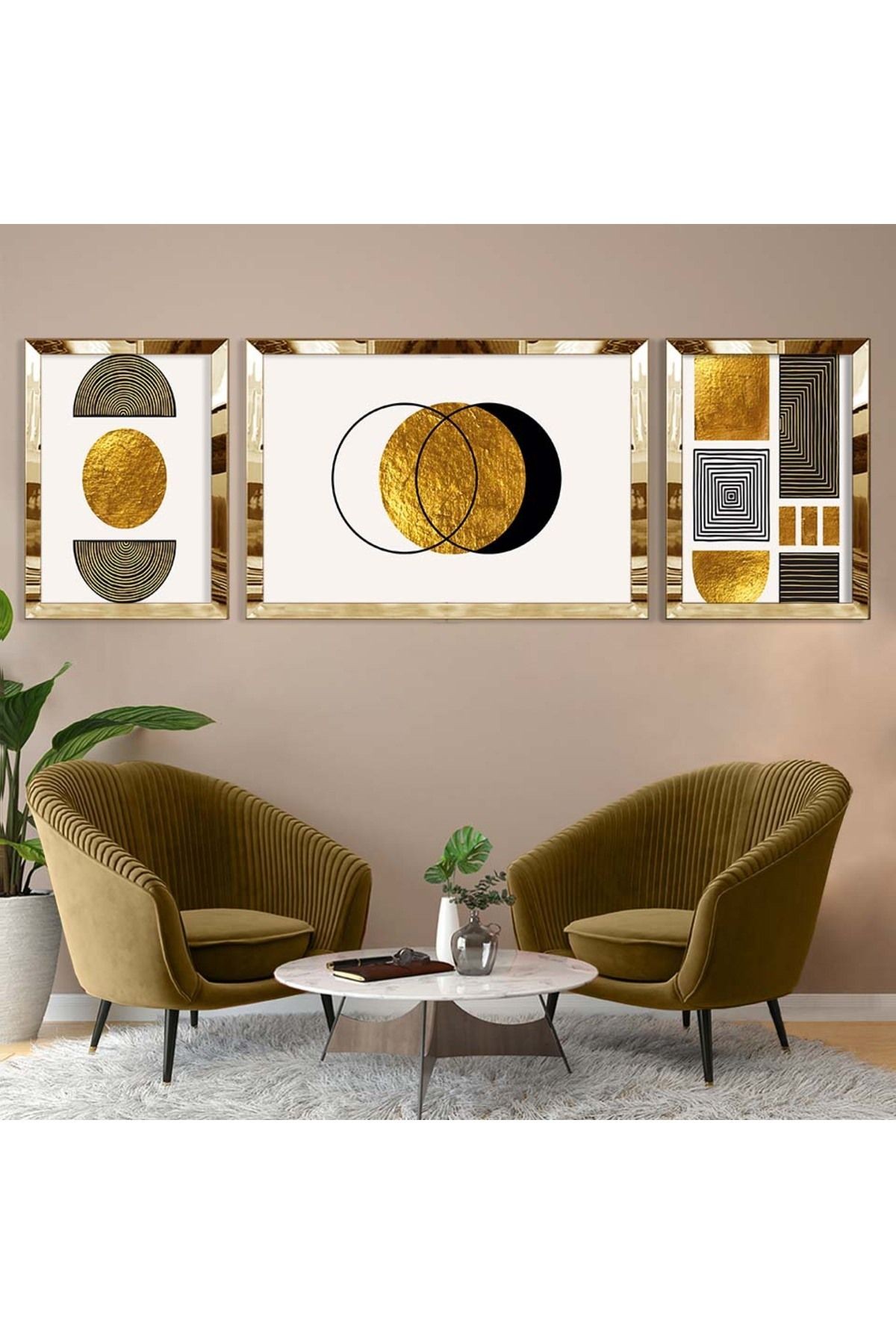 Gold Aynalı Pleksi Çerçeveli Üçlü Beyaz Arka Planlı Gold Desenli Soyut Mdf Tablo Seti