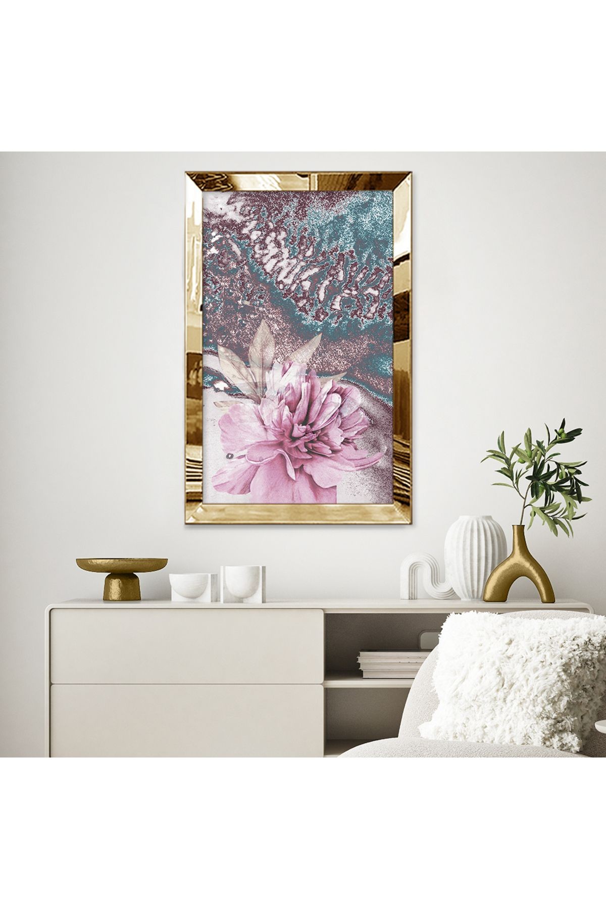 Gold Aynalı Pleksi Çerçeveli Karışık Desenlili Pembe Çiçek Mdf Tablo