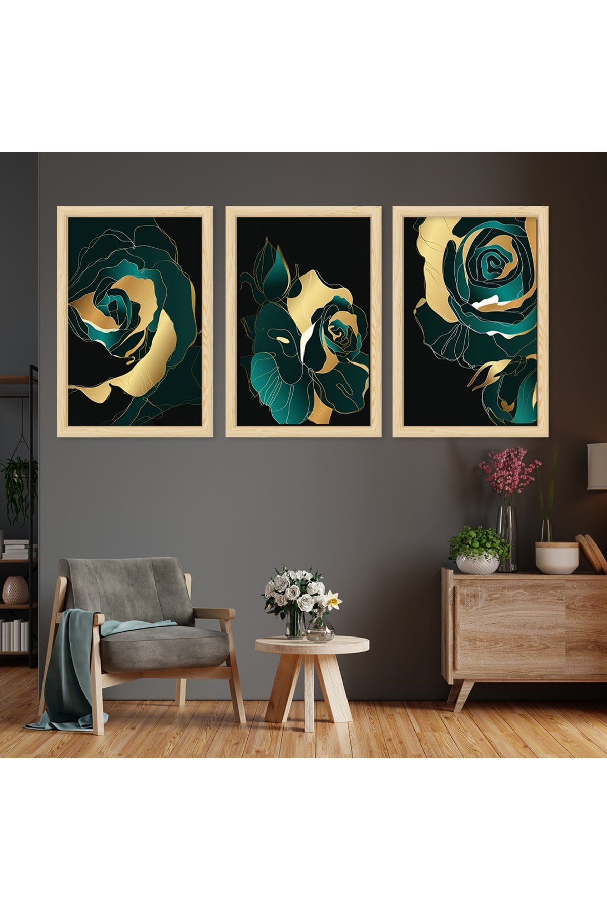 Minimal Modern Tablo Ahşap Çerçeveli Kolaj Çizim Çiçek Tablo