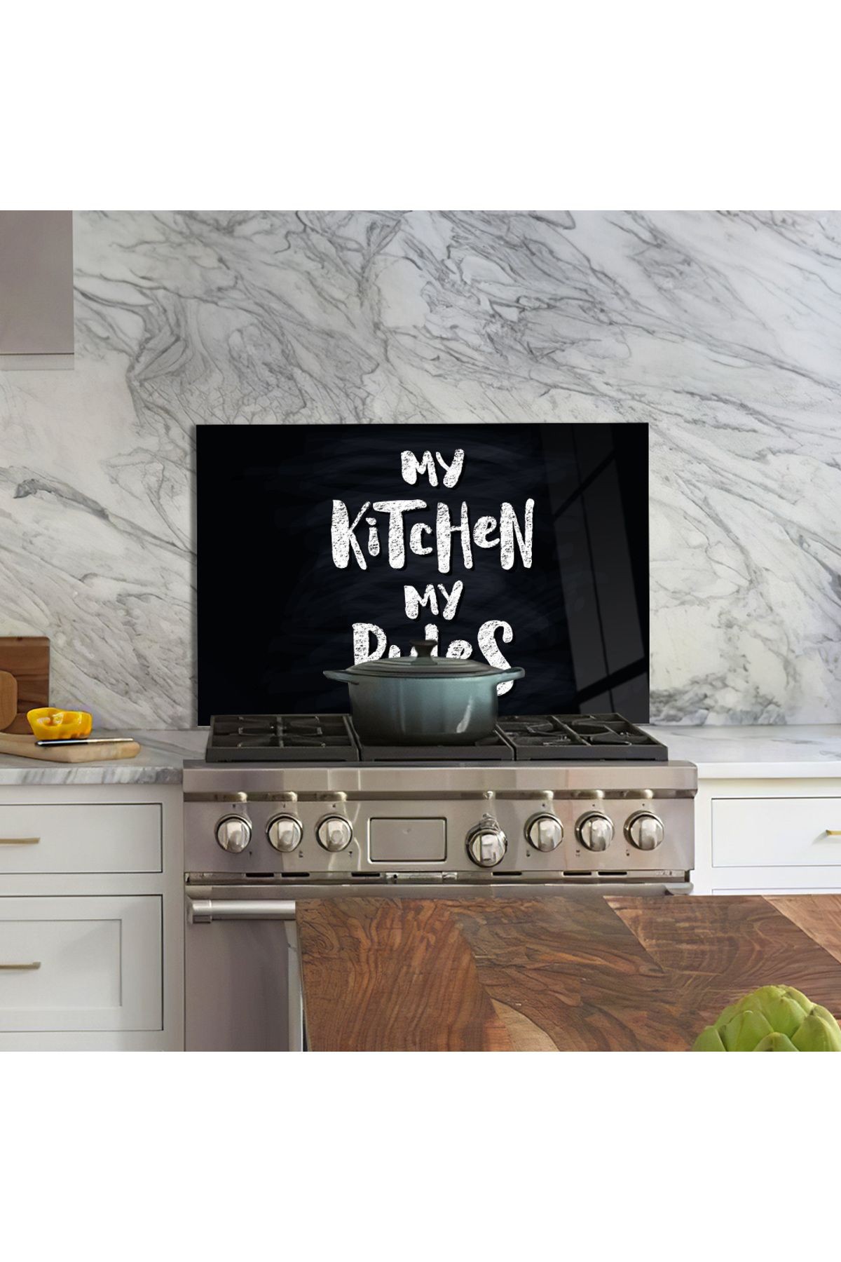 Ocak Arkası Temperli Cam Siyah Arka Planlı "My Kitchen My Rules" Yazılı